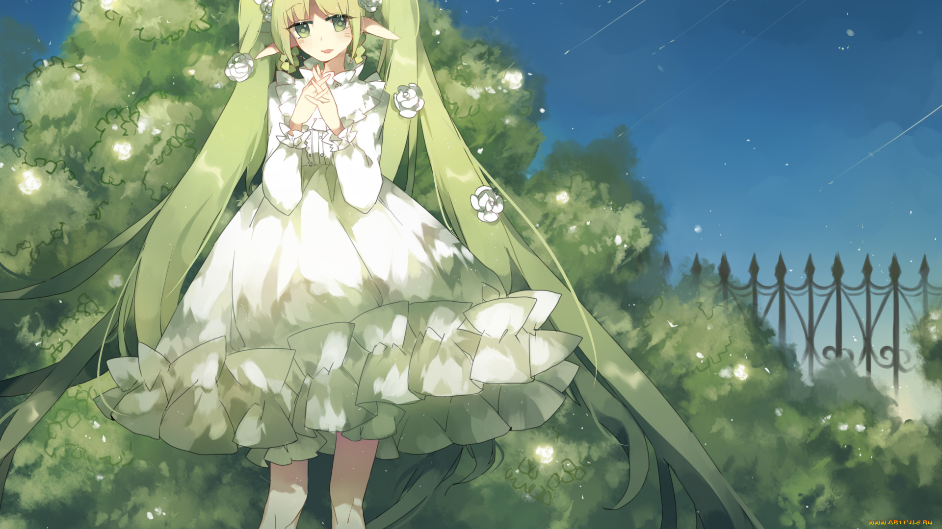 аниме, vocaloid, цветы, хвостики, розы, hatsune, miku, платье, эльф, девочка, арт