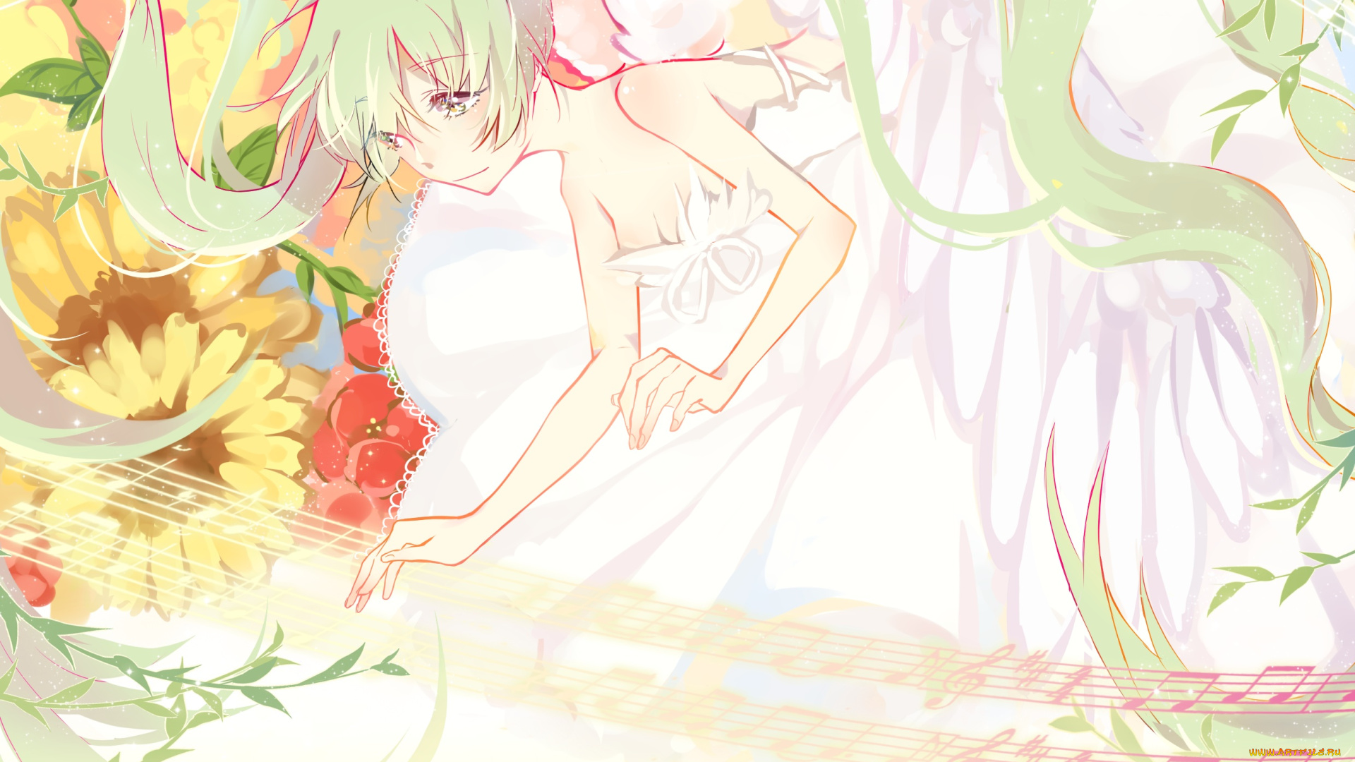 аниме, vocaloid, hatsune, miku, девушка, цветы, ноты, арт