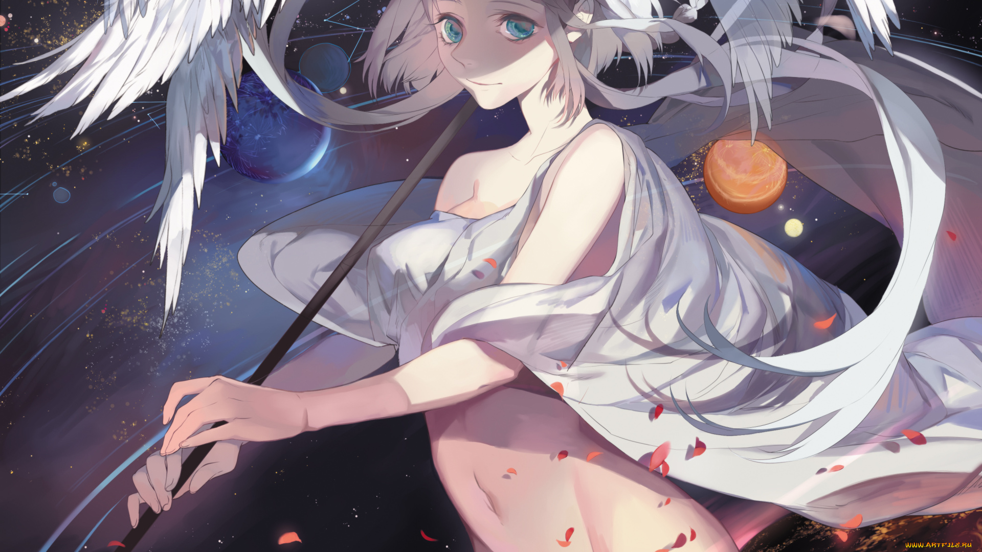 аниме, vocaloid, перья, luo, tianyi, девушка, арт, космос, планеты, dj, adonis