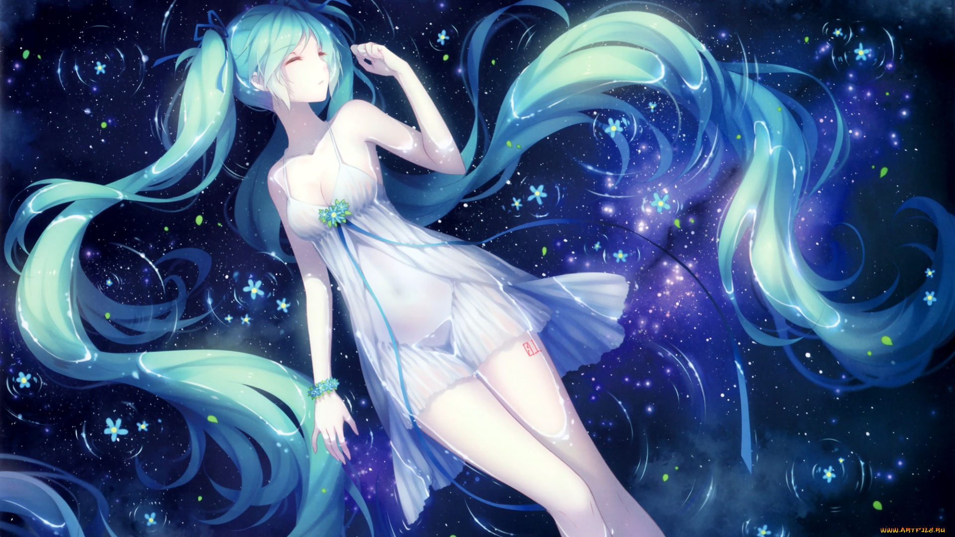 аниме, vocaloid, волосы, арт, tidsean, девушка, цветы, вода, hatsune, miku