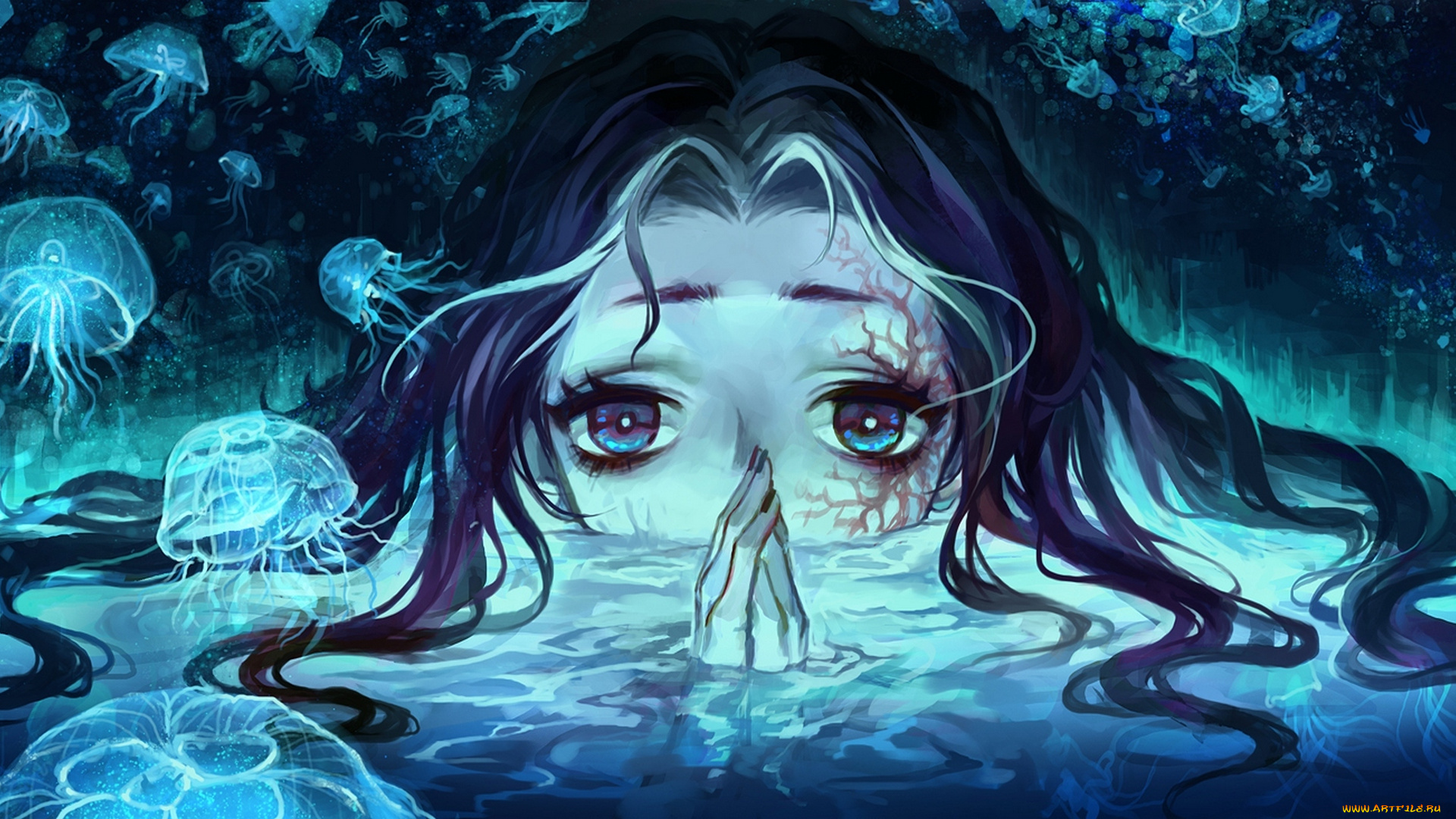 аниме, животные, , существа, silverwing, арт, девушка, вода, глаза, медузы