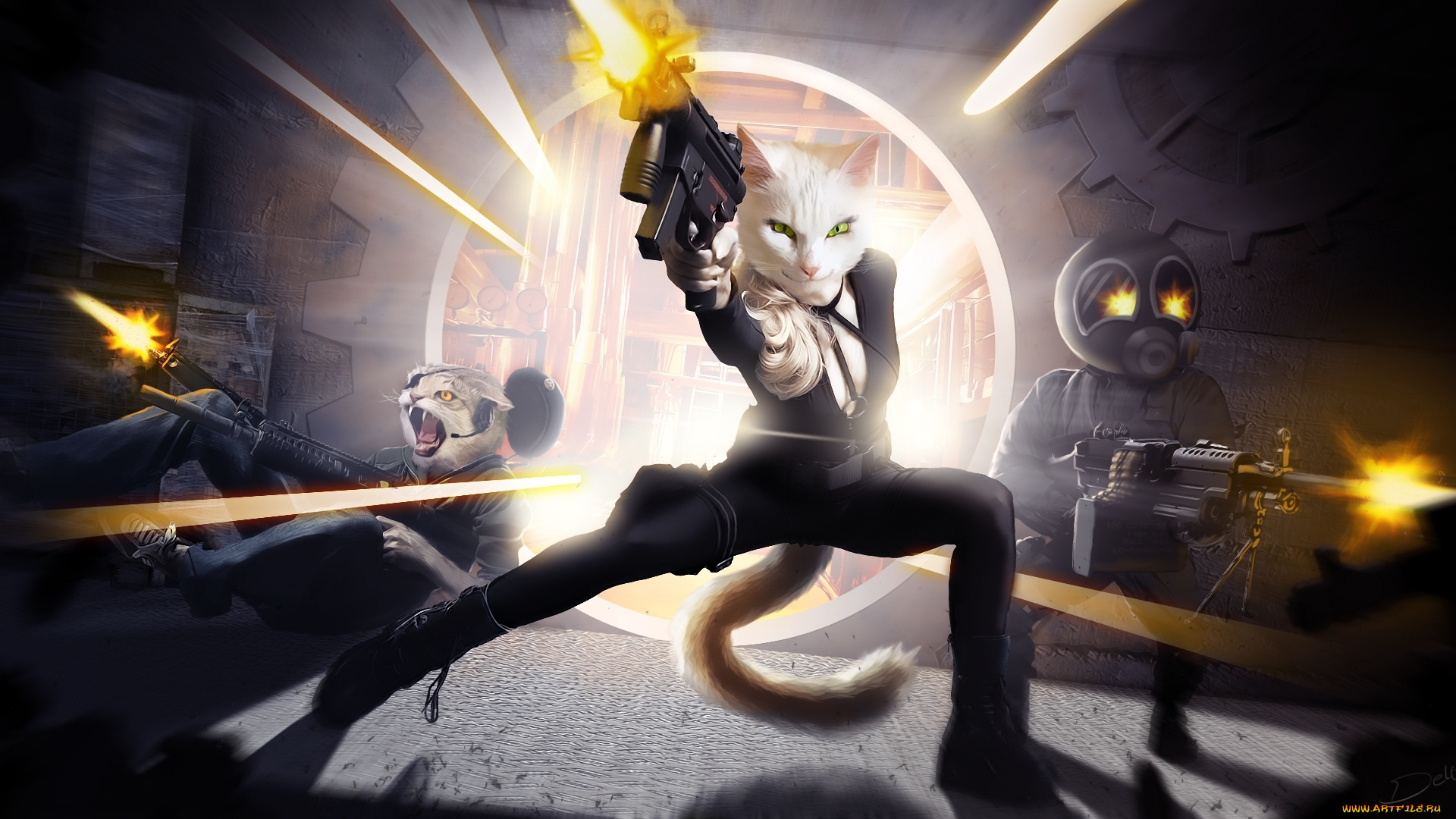 фэнтези, существа, взгляд, фантастика, девушка, коты, оружие, кошка, битва