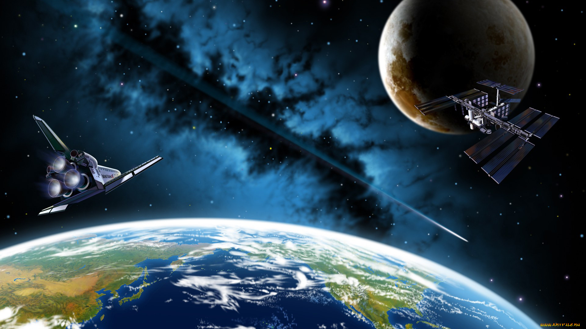 космос, арт, планеты, земля, космический, корабль, шаттл, космическая, станция