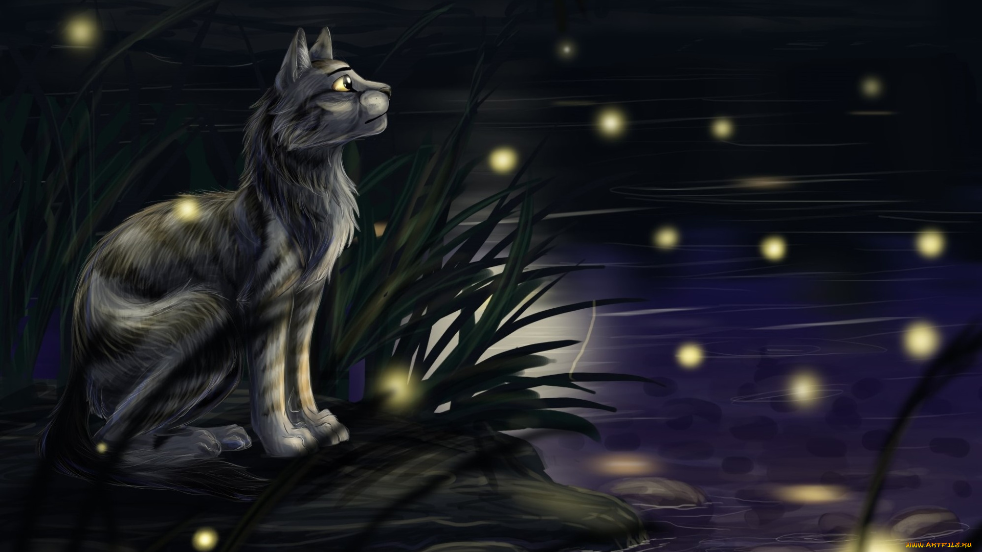 рисованное, животные, , коты, кот, ночь, река, светлячки