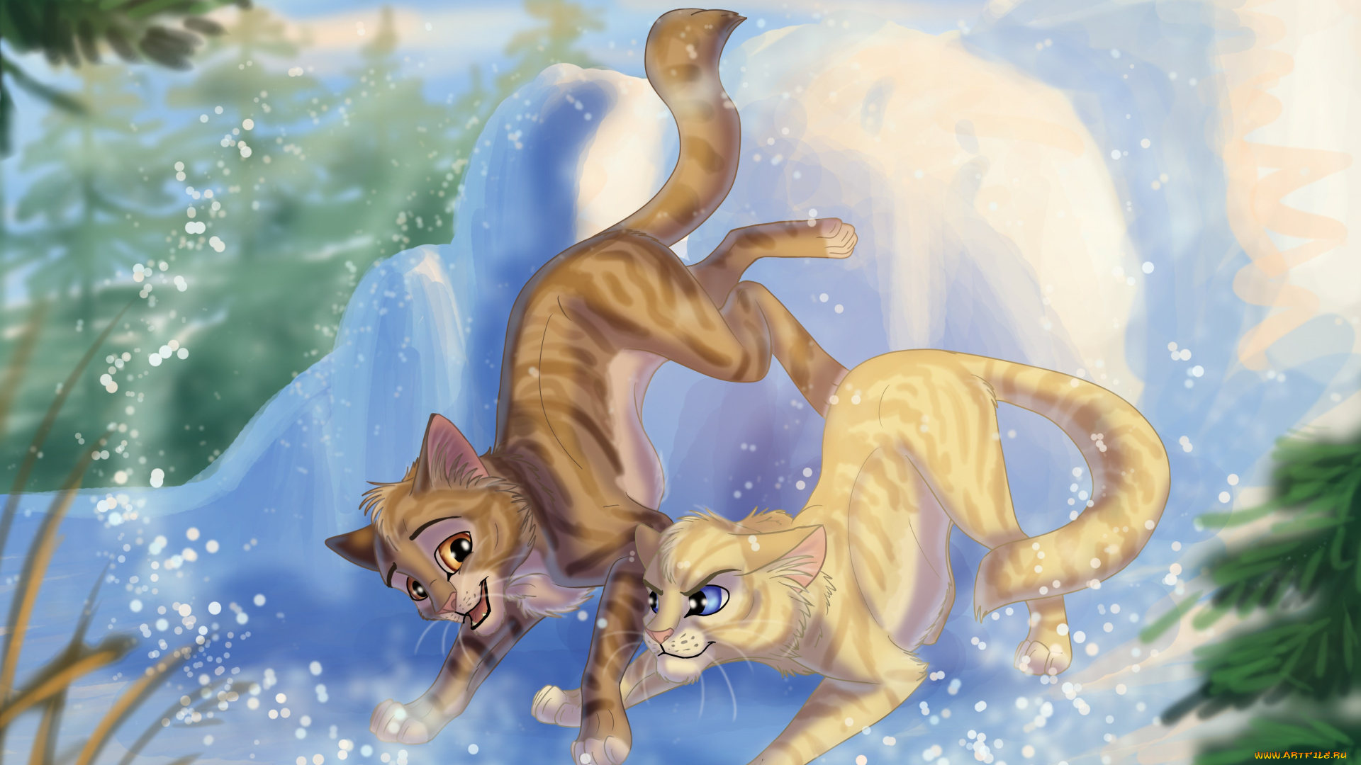 рисованное, животные, , коты, коты, снег, игра