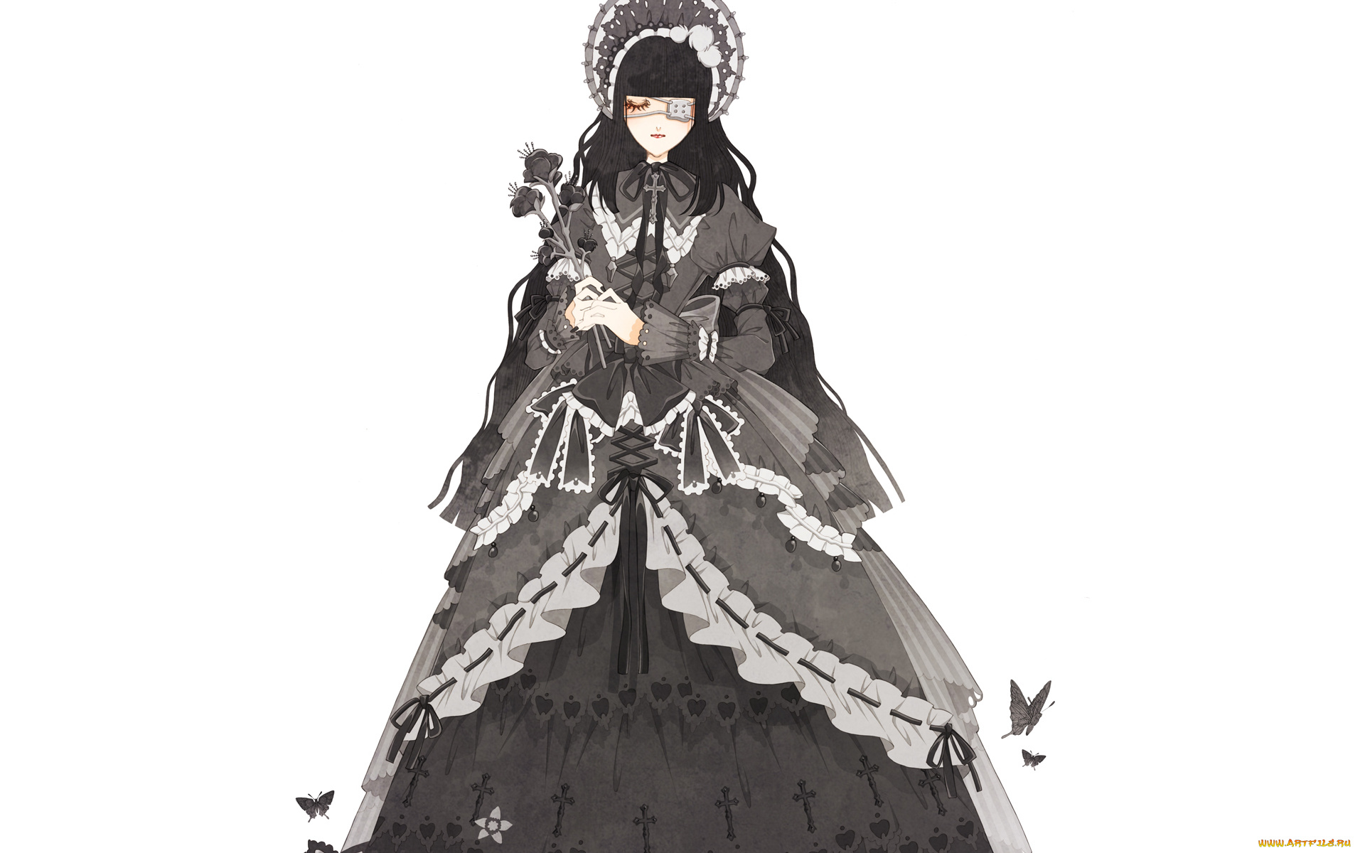 аниме, unknown, , другое, пышное, платье, девушка, готическая, лолита, gothic, lolita, черные, цветы, бабочки, повязка, кресты