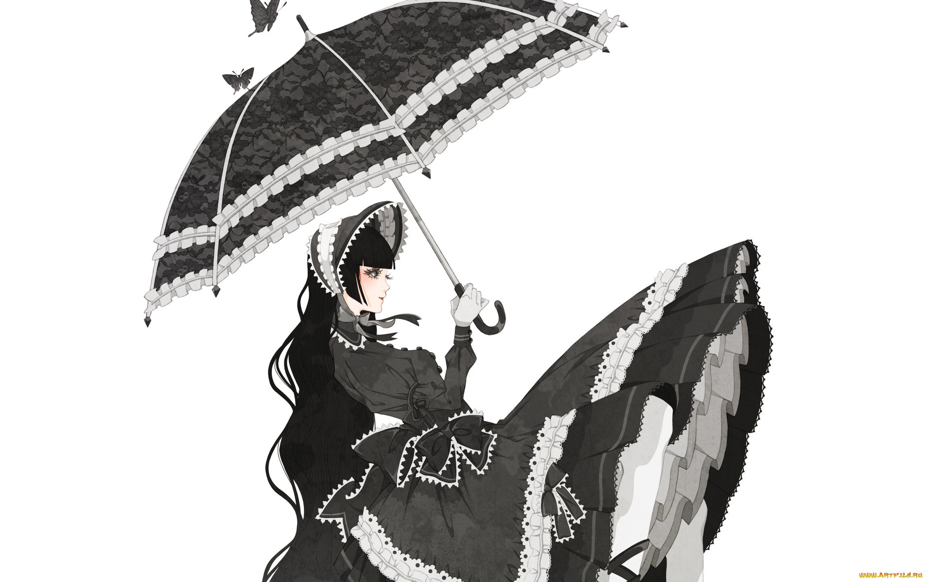 аниме, unknown, , другое, пышное, платье, зонт, девушка, готическая, лолита, gothic, lolita, бабочки, банты