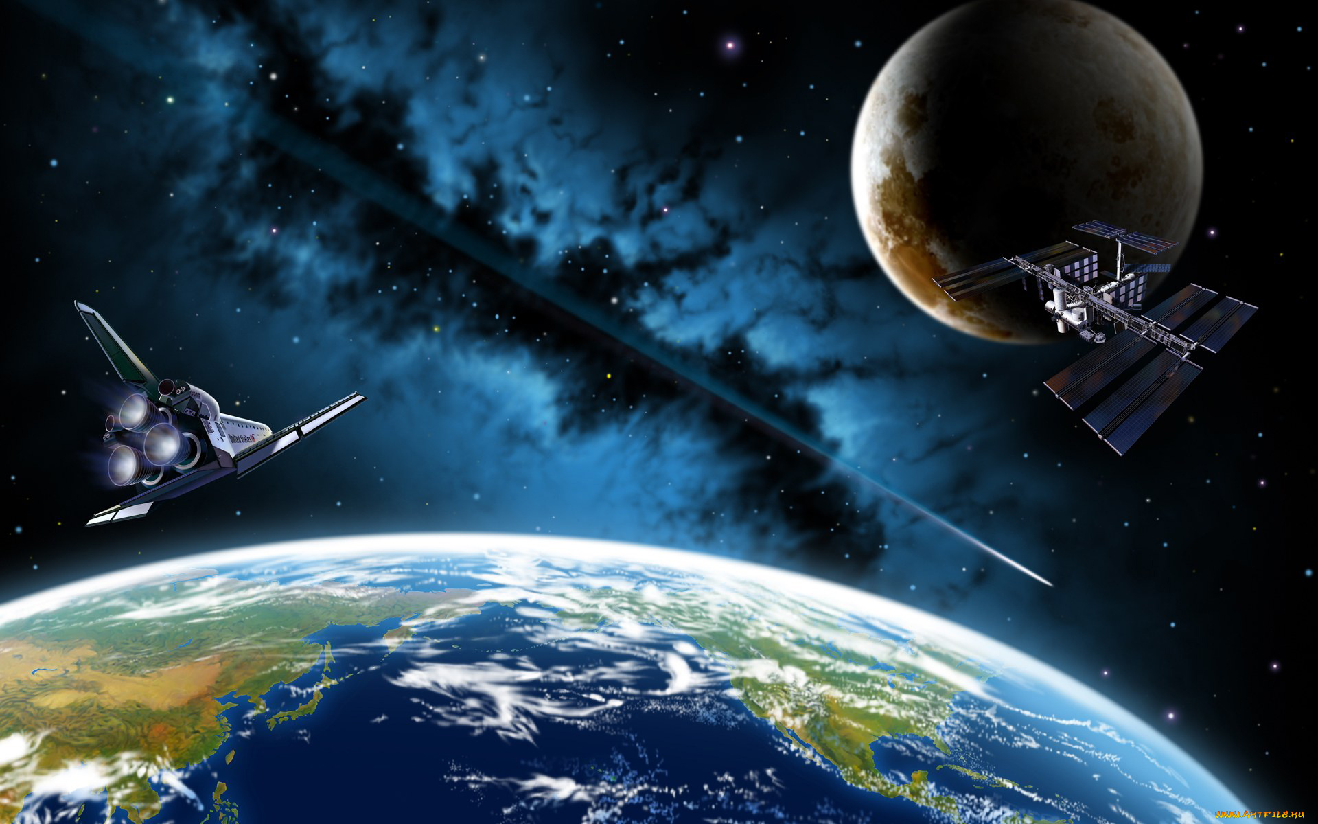 космос, арт, планеты, земля, космический, корабль, шаттл, космическая, станция