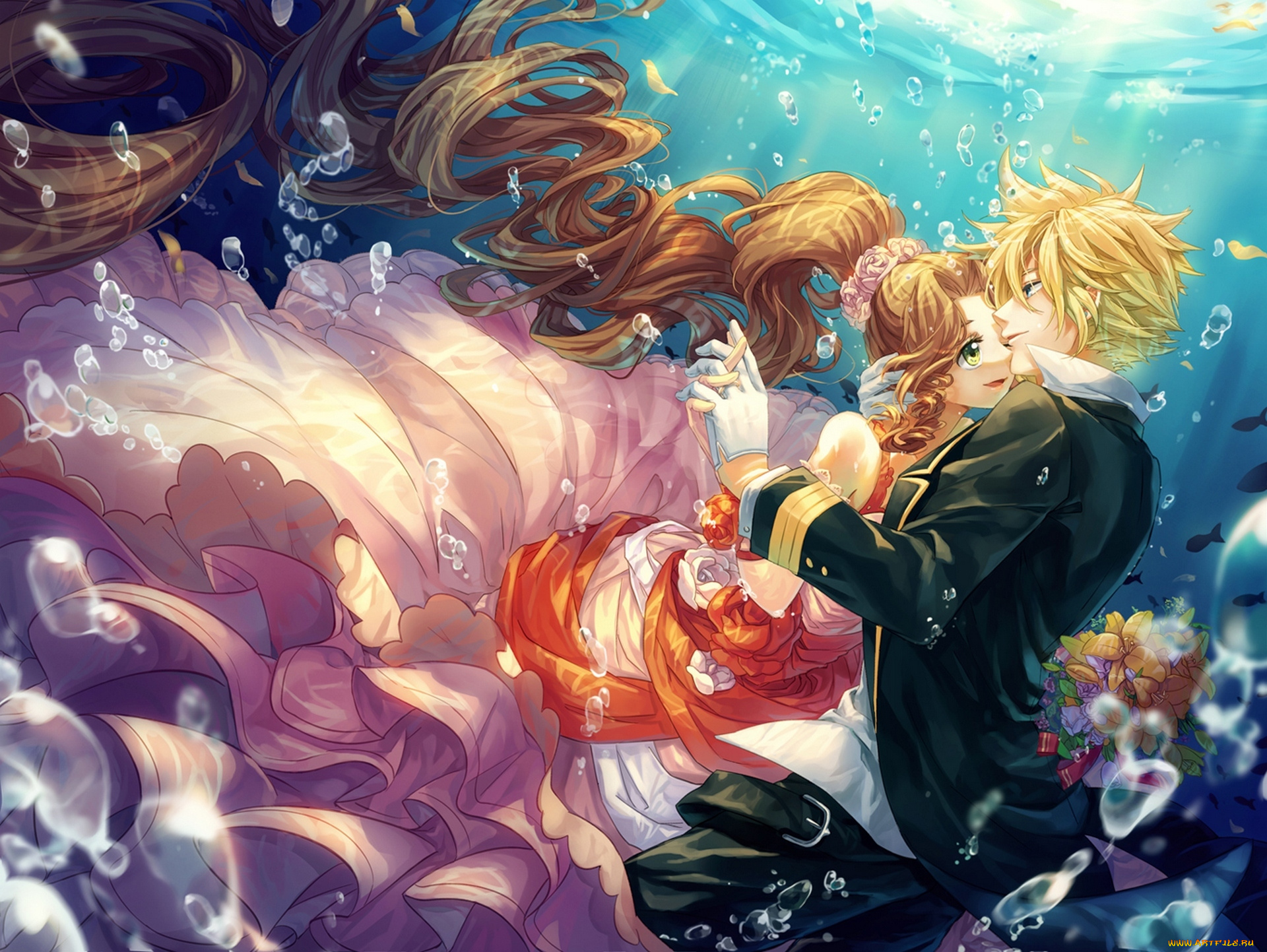 аниме, final, fantasy, арт, cat, princess, final, fantasy, cloud, strife, aerith, gainsborough, девушка, парень, под, водой, пузыри, букет, цветы