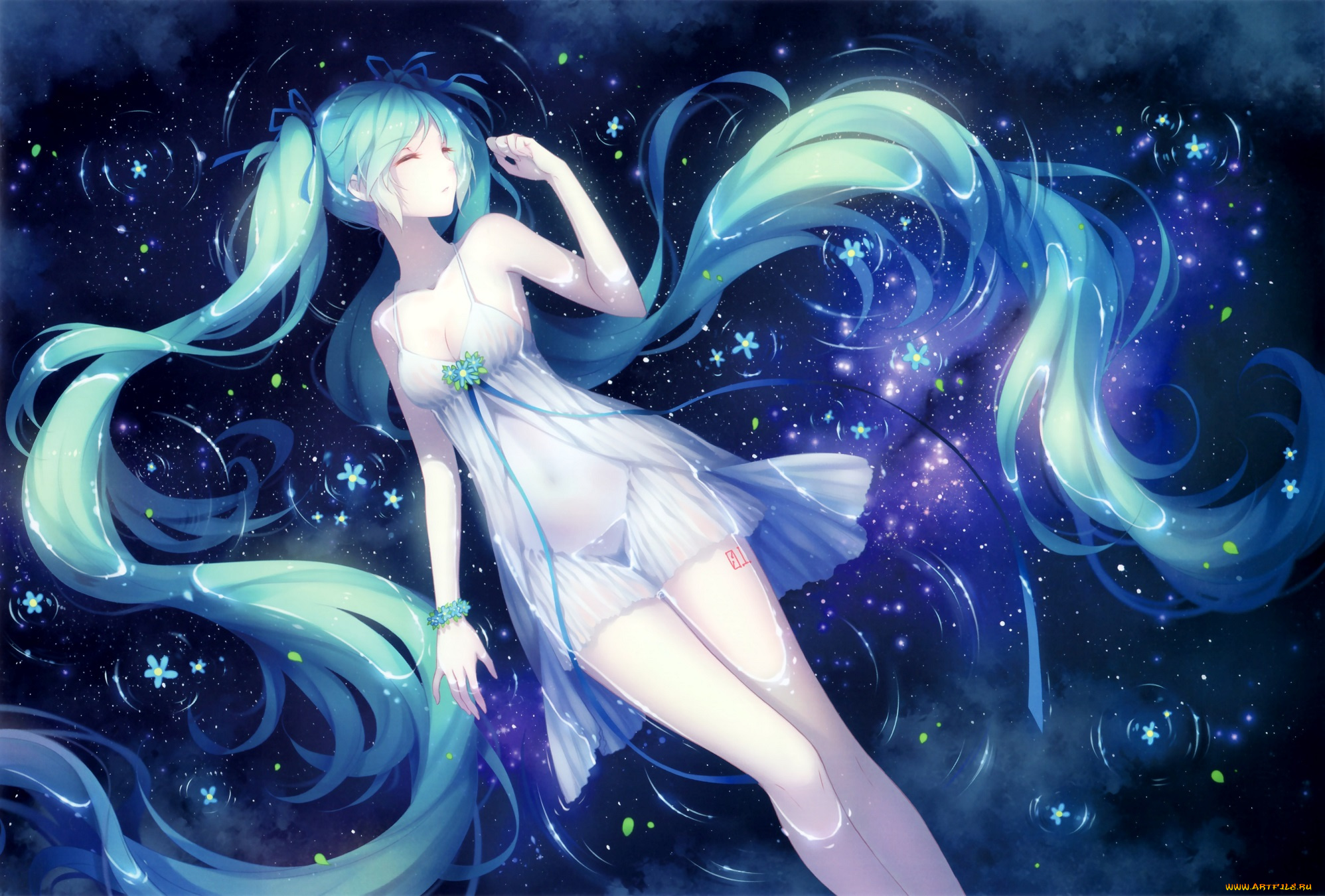 аниме, vocaloid, волосы, арт, tidsean, девушка, цветы, вода, hatsune, miku