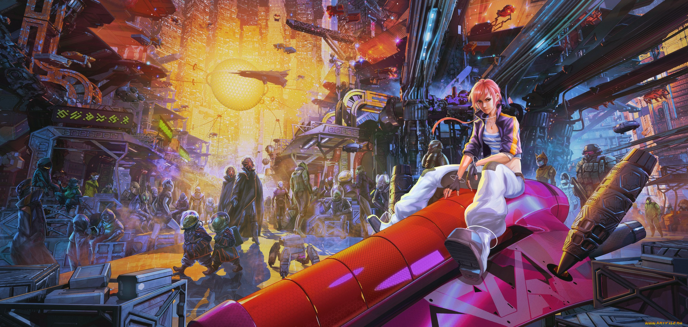 аниме, оружие, , техника, , технологии, арт, arsenixc, девушка, существа, город