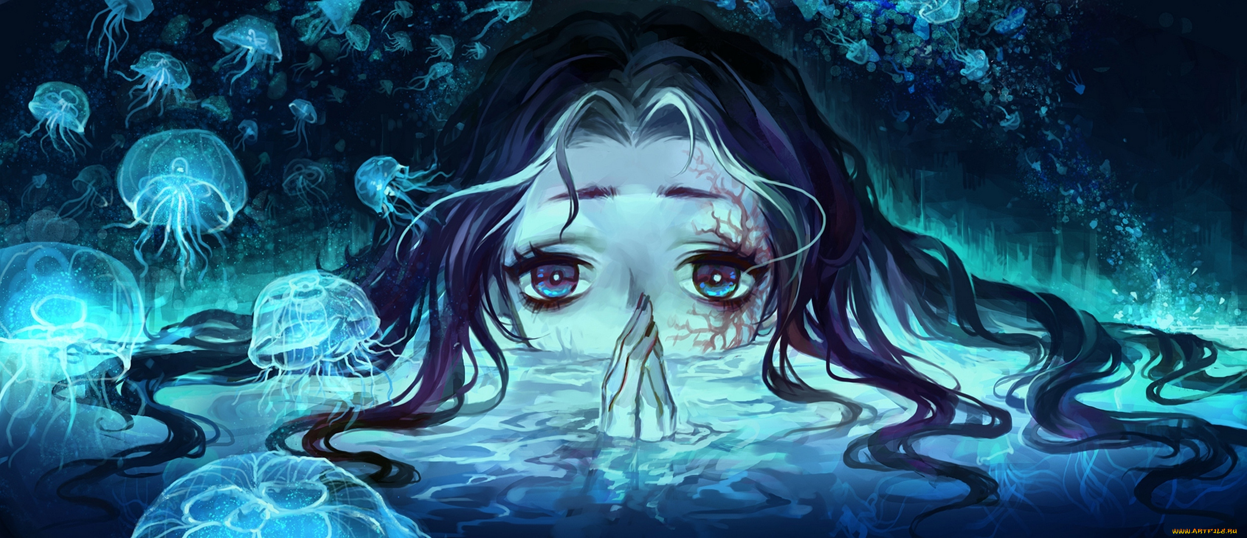 аниме, животные, , существа, silverwing, арт, девушка, вода, глаза, медузы