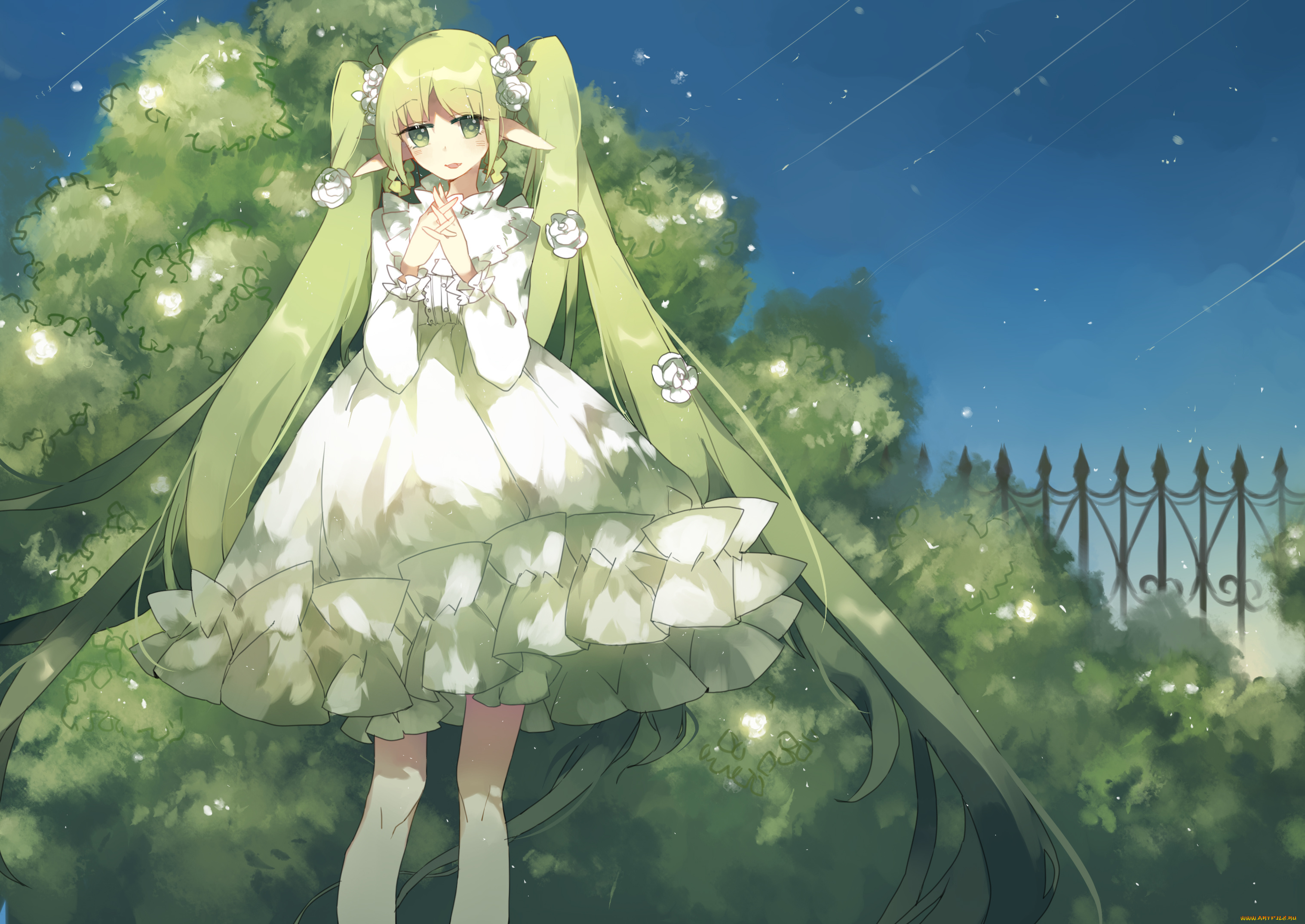 аниме, vocaloid, цветы, хвостики, розы, hatsune, miku, платье, эльф, девочка, арт