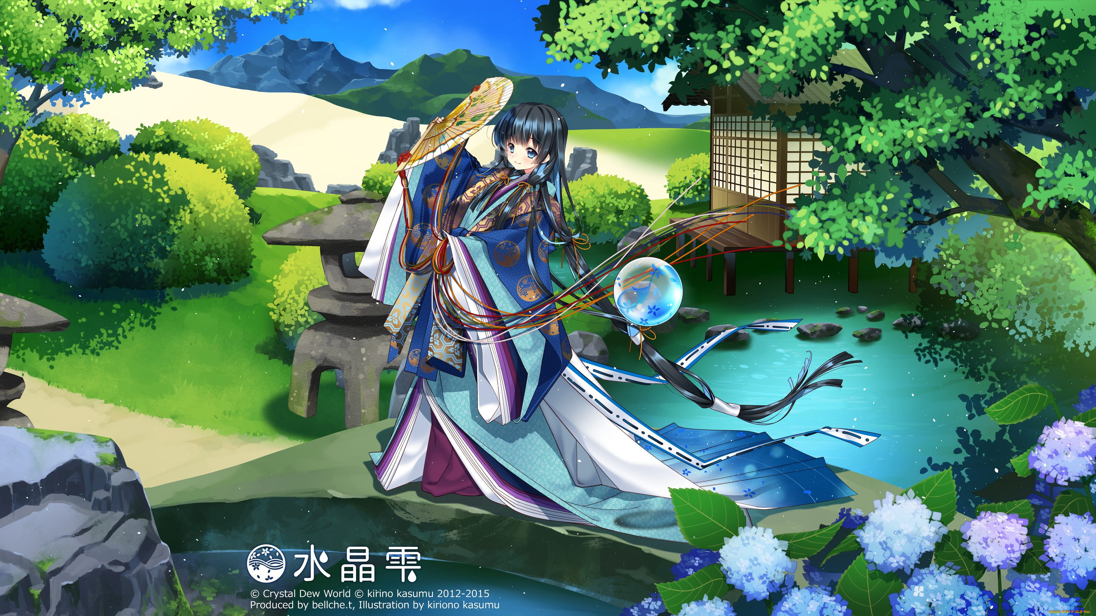 аниме, unknown, , другое, арт, kirino, kasumu, suishou, shizuku, природа, девушка, веер, озеро, деревья, горы, цветы