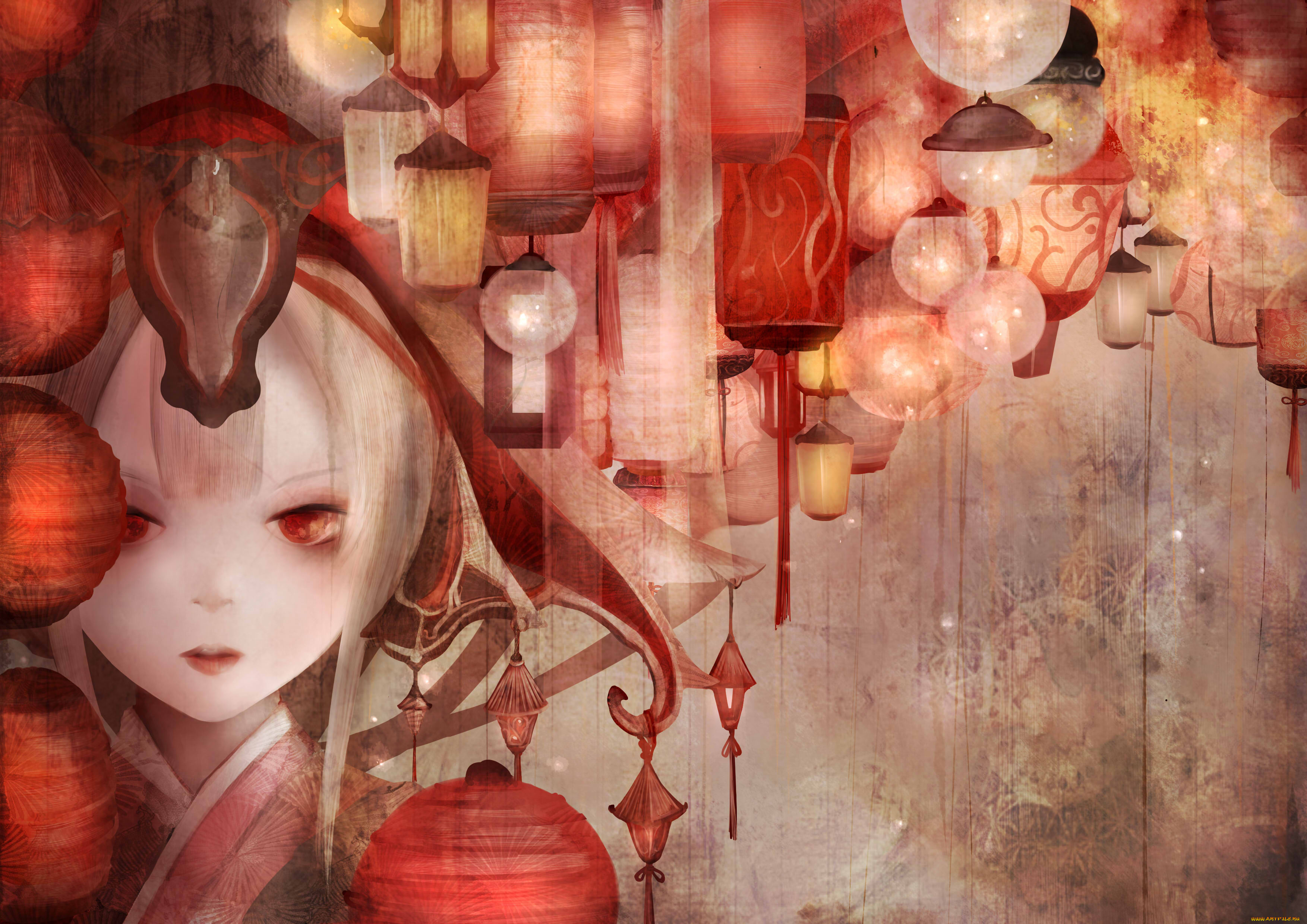 аниме, unknown, , другое, zhang, xiao, bo, фонари, девушка, лицо, арт