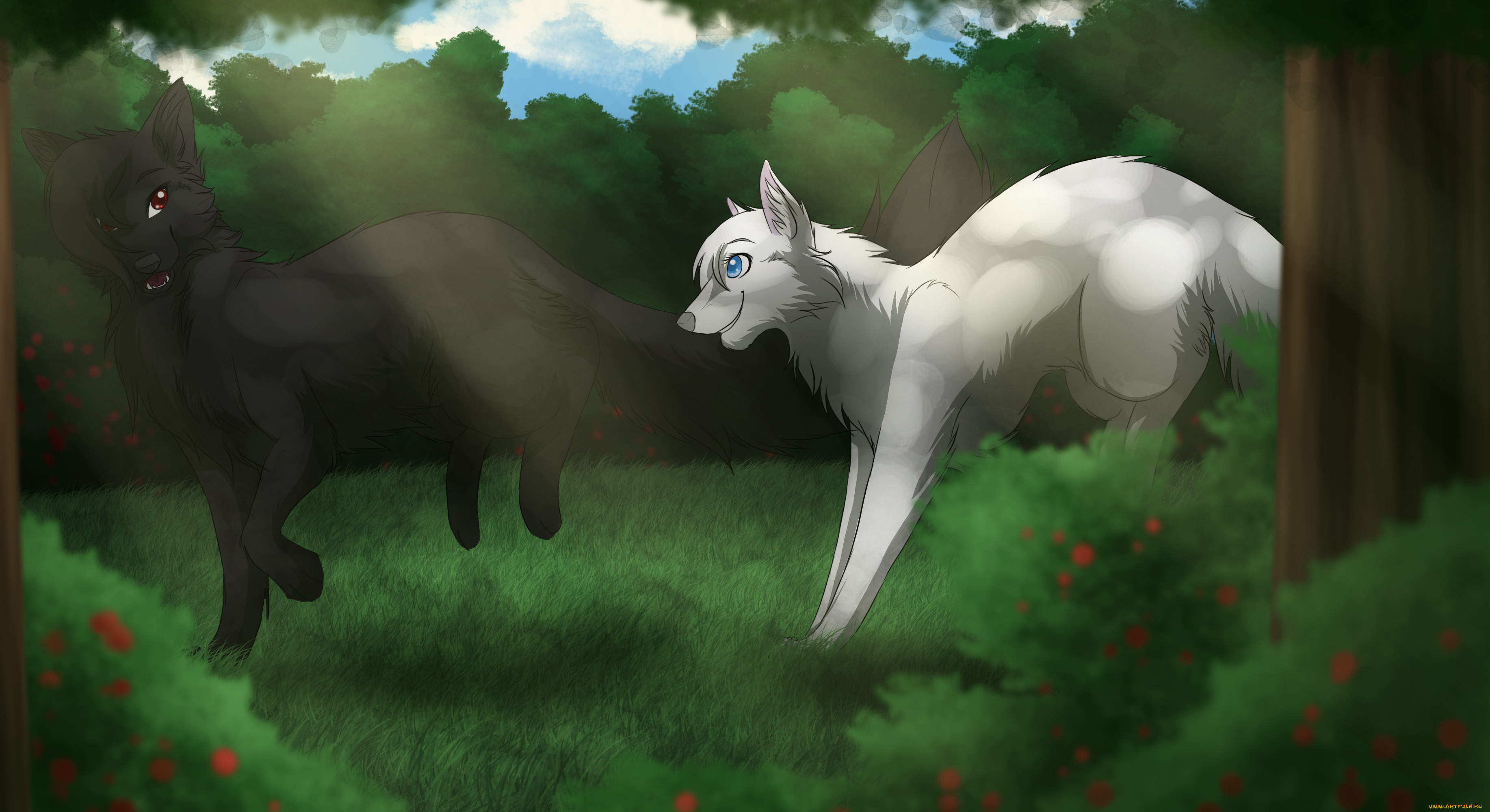 рисованное, животные, , собаки, лес, собаки, трава