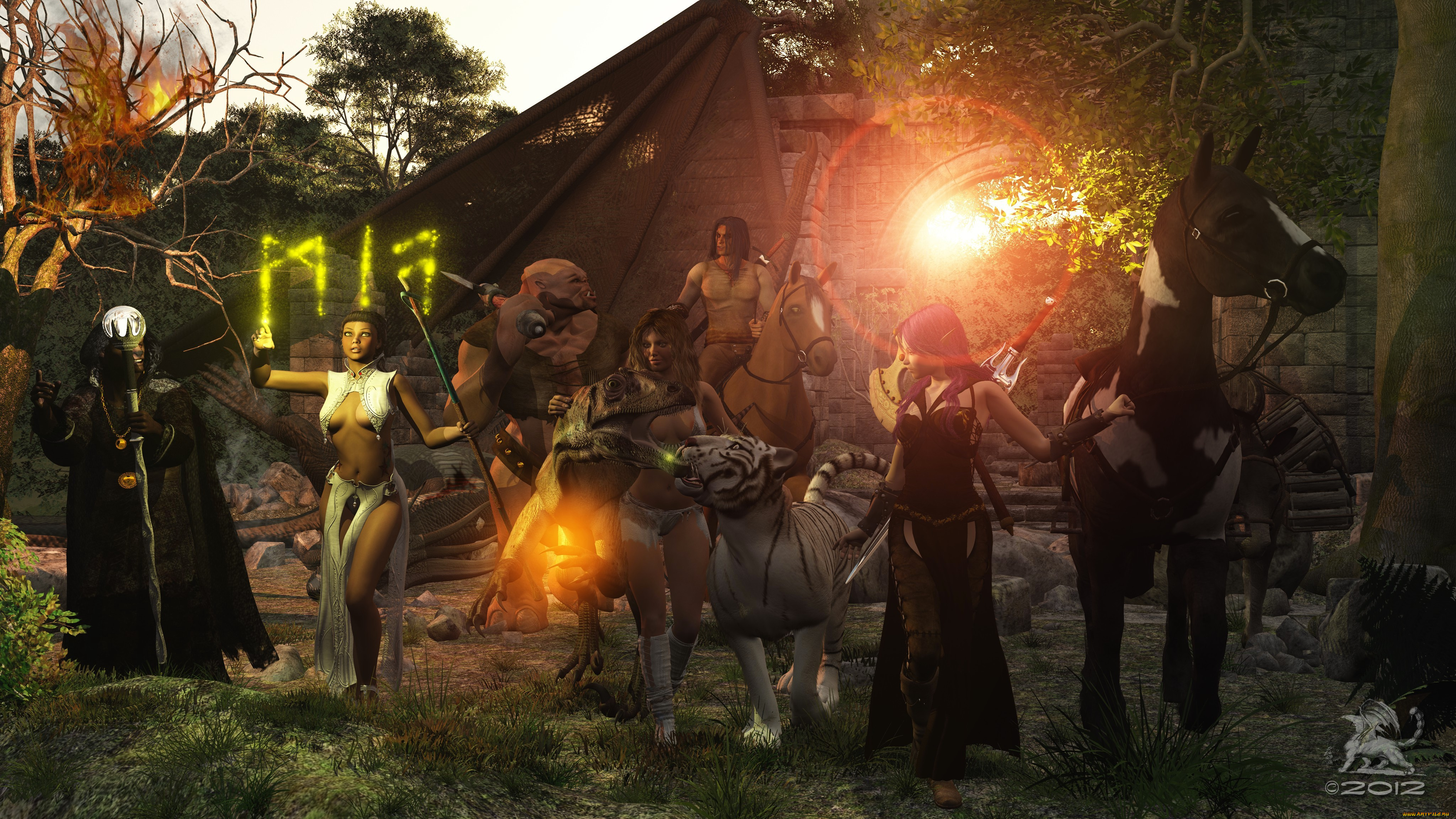 3д, графика, фантазия, , fantasy, тигр, лошади, люди, маг