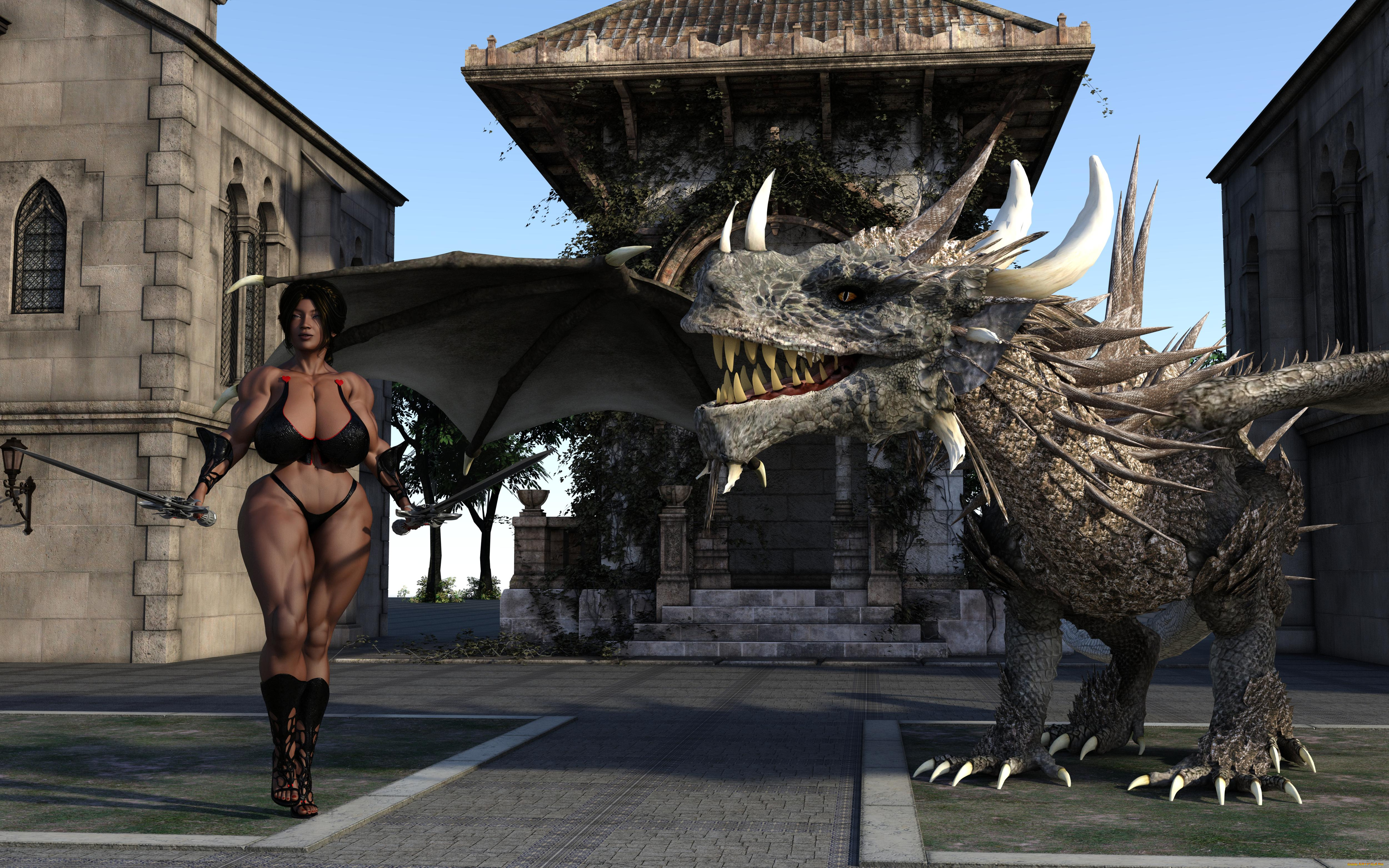 3д, графика, фантазия, , fantasy, девушка, дракон, оружие, фон, взгляд