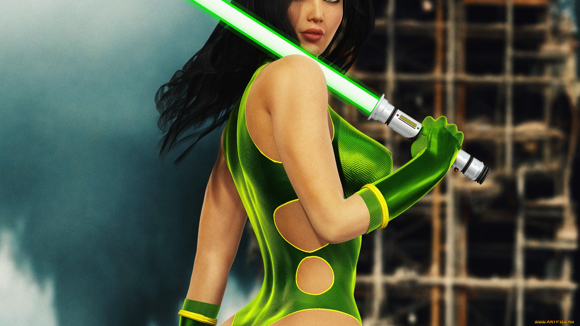 3д, графика, фантазия, , fantasy, взгляд, фон, оружие, девушка