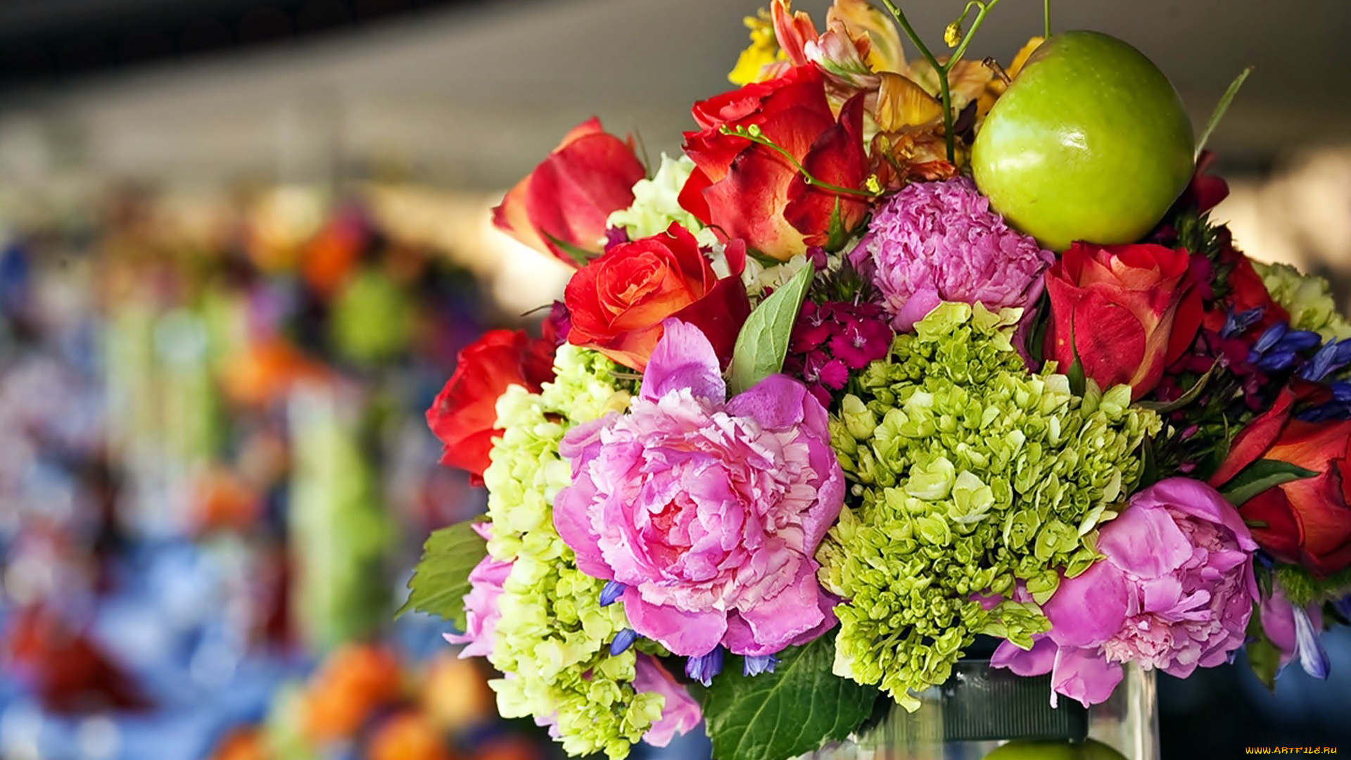 цветы, букеты, , композиции, яблоко, гортензия, пионы, розы