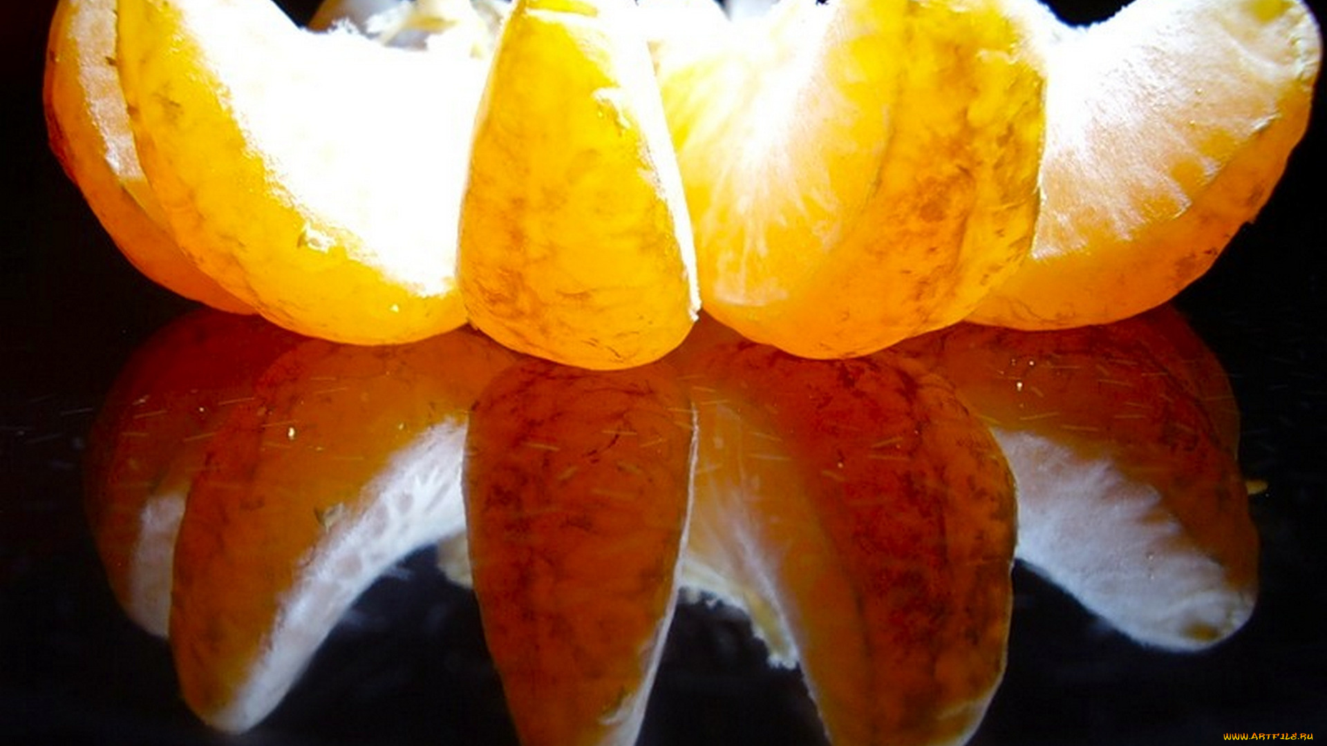 еда, цитрусы, отражение, свет, дольки, фрукт, мандарин