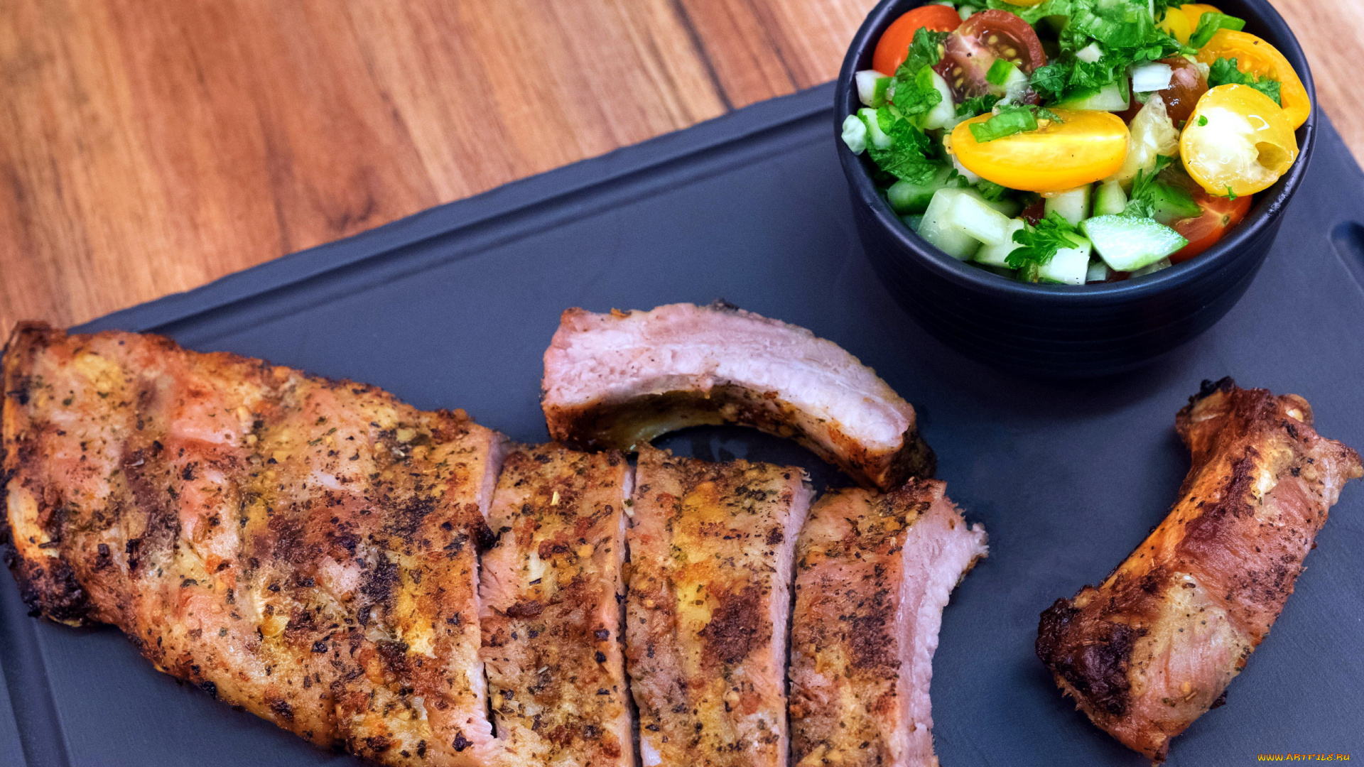 еда, мясные, блюда, салат, овощной, аппетитные, ребрышки