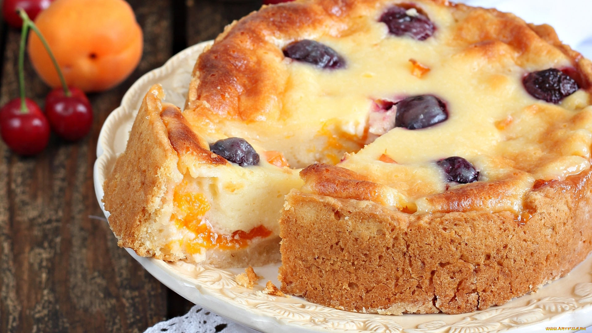 еда, пироги, пирог, выпечка, абрикос, вишня