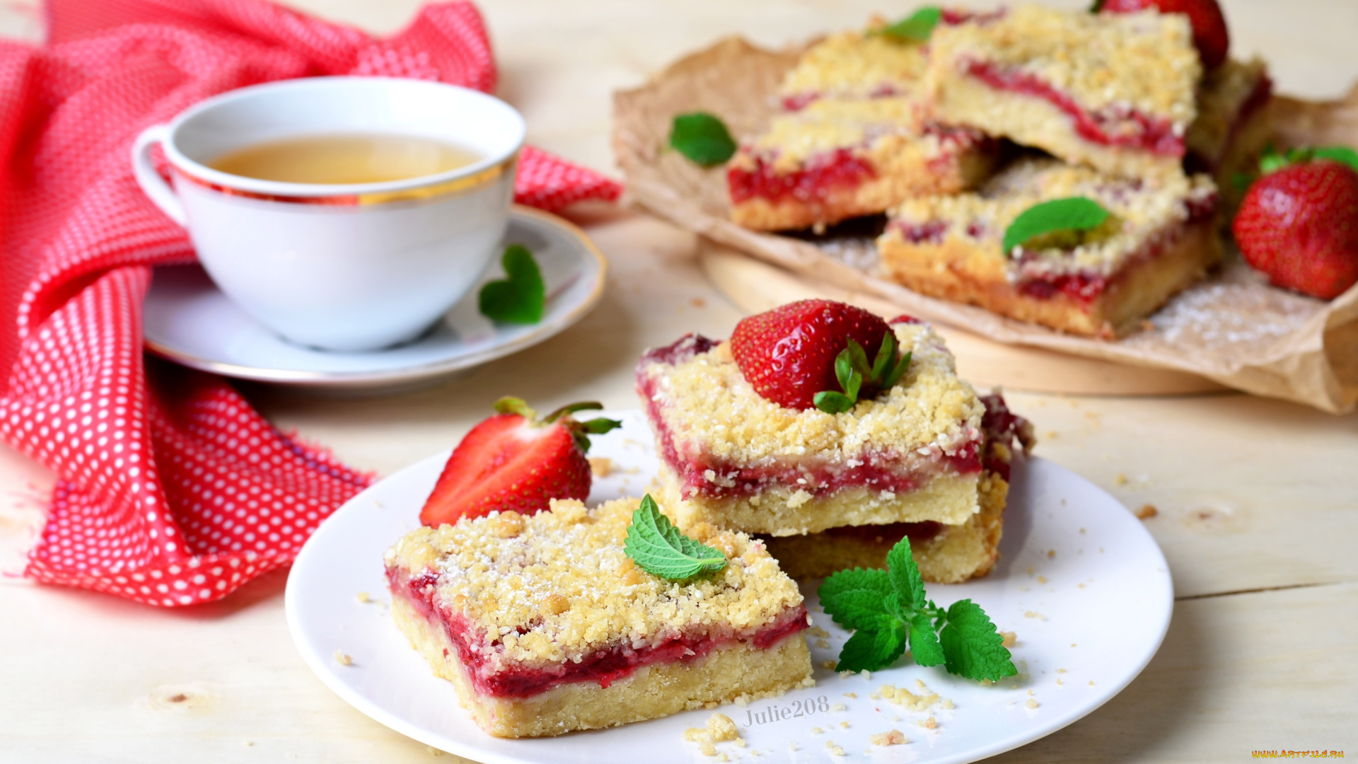 еда, пироги, пирог, выпечка, клубника, мята, чай