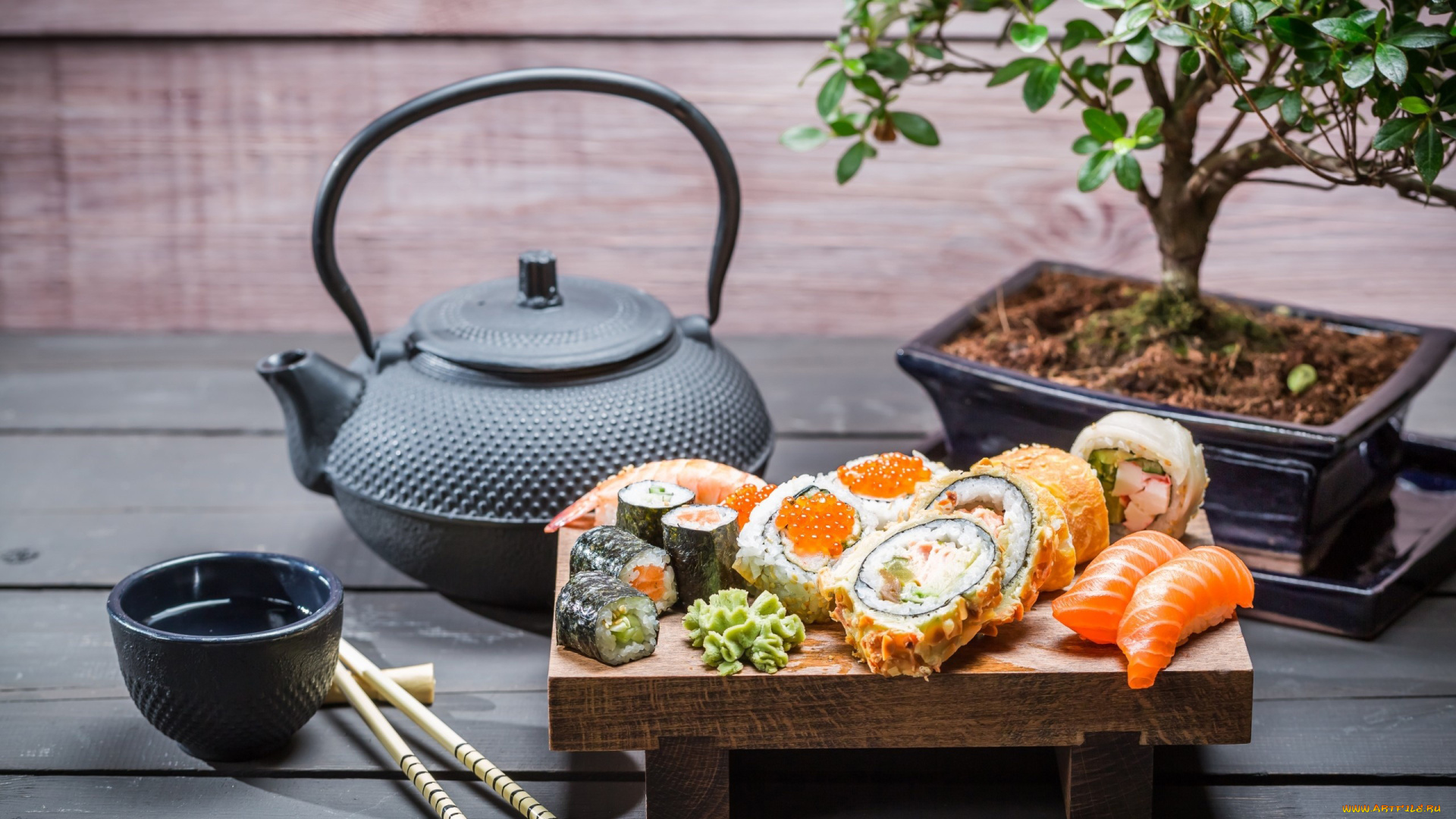 еда, рыба, , морепродукты, , суши, , роллы, васаби, роллы, чайник, деревце