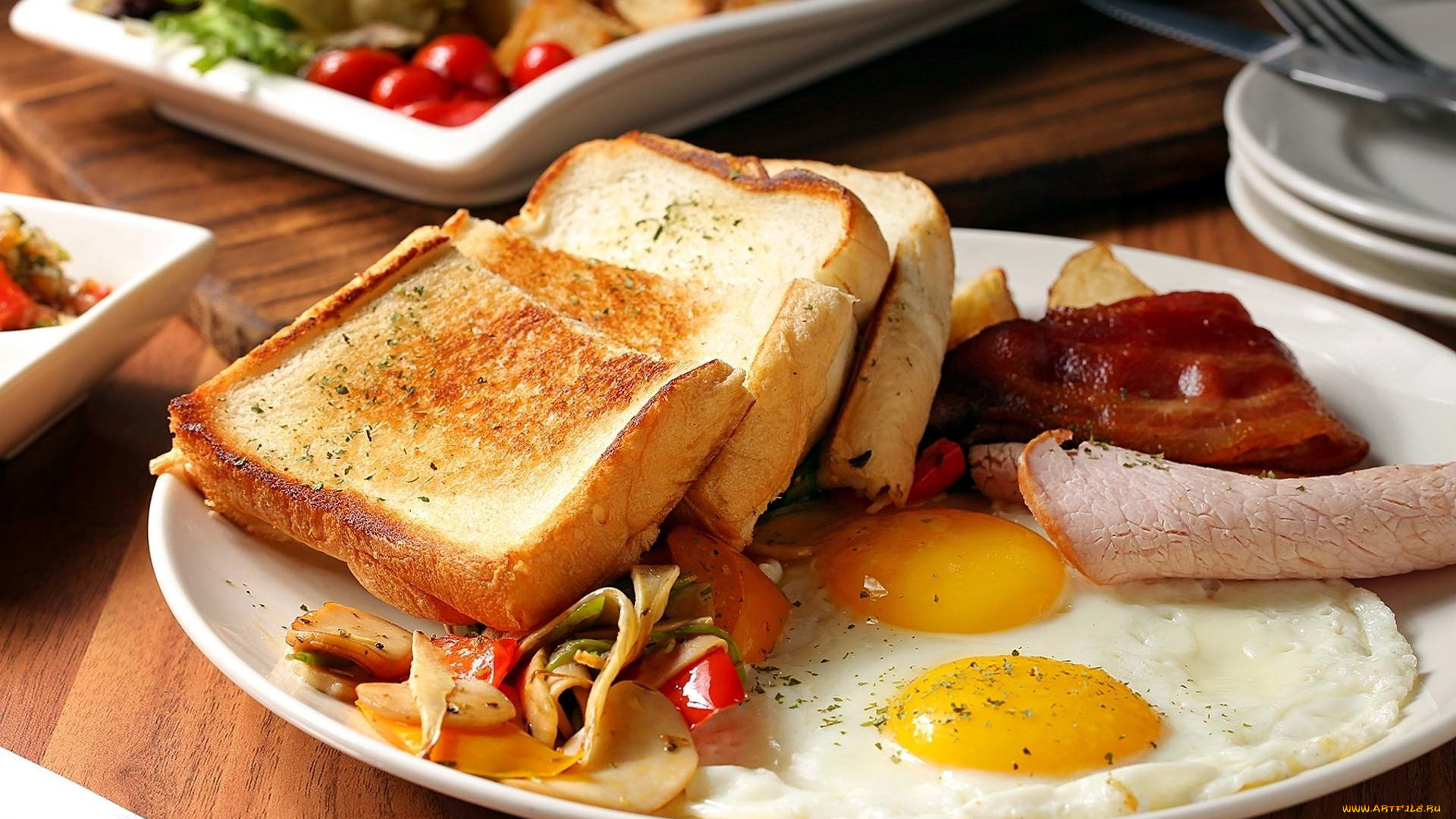 еда, Яичные, блюда, бекон, глазунья, гренки