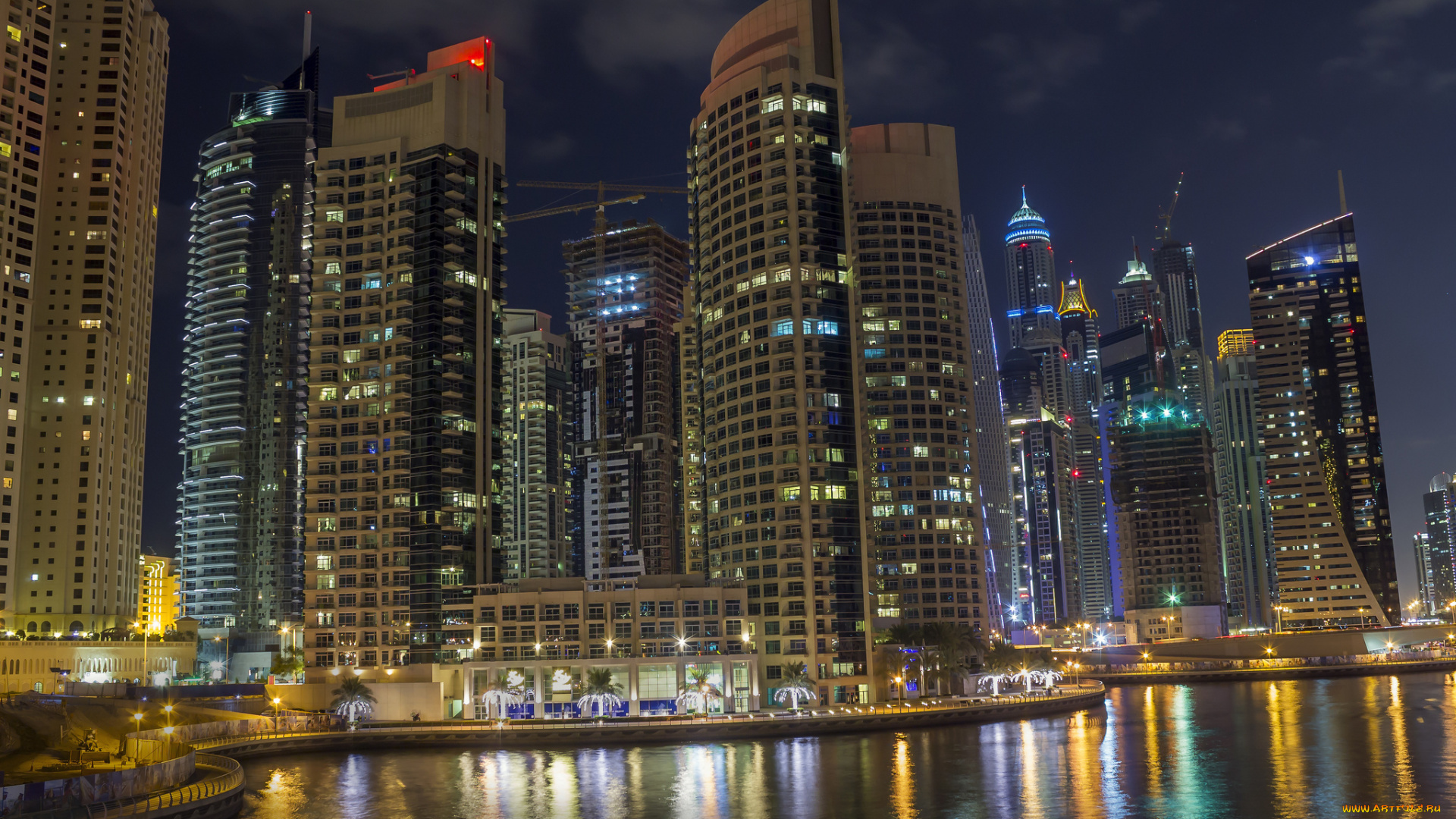 города, -, огни, ночного, города, огни, небоскребы, ночь