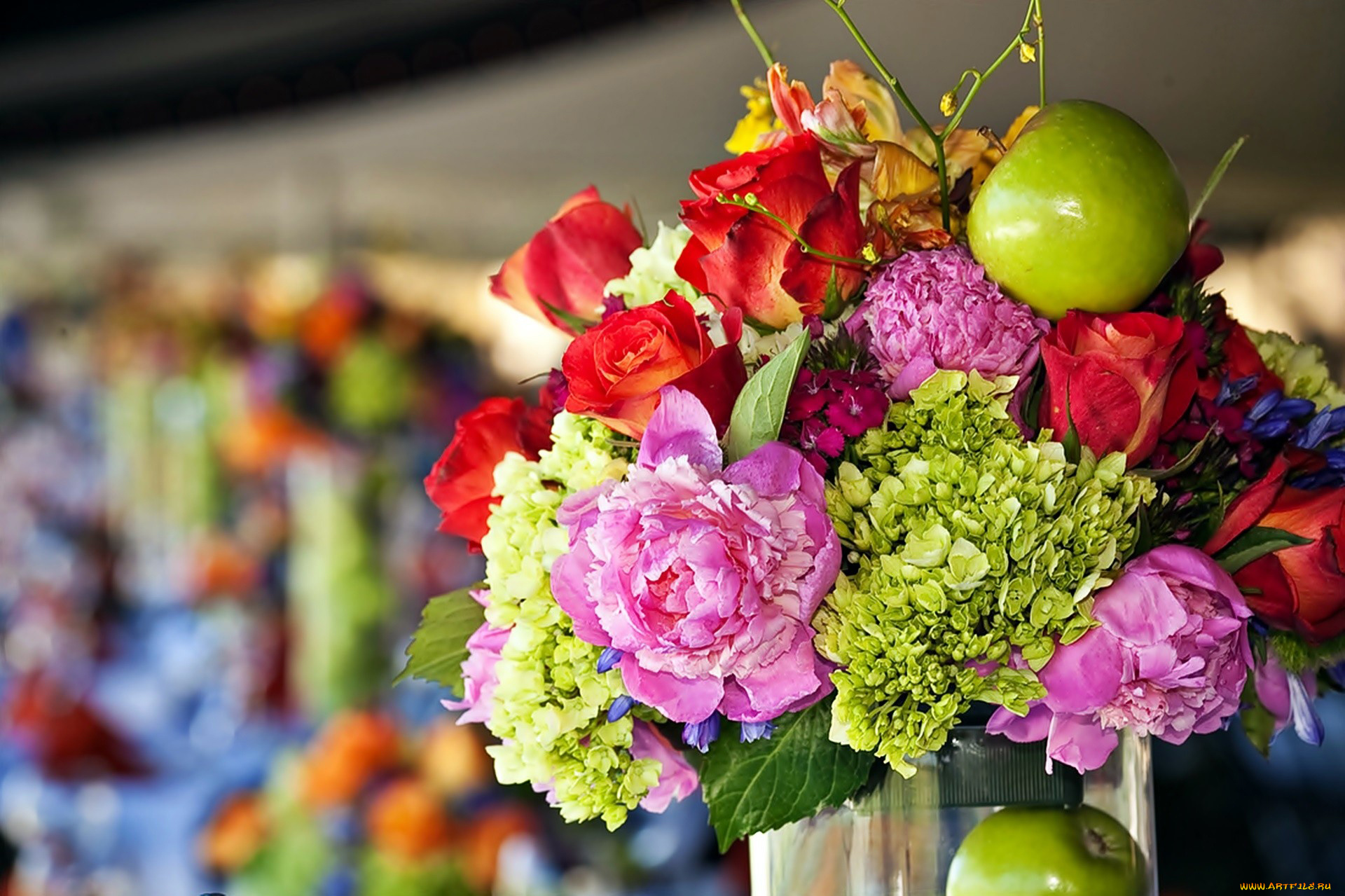 цветы, букеты, , композиции, яблоко, гортензия, пионы, розы