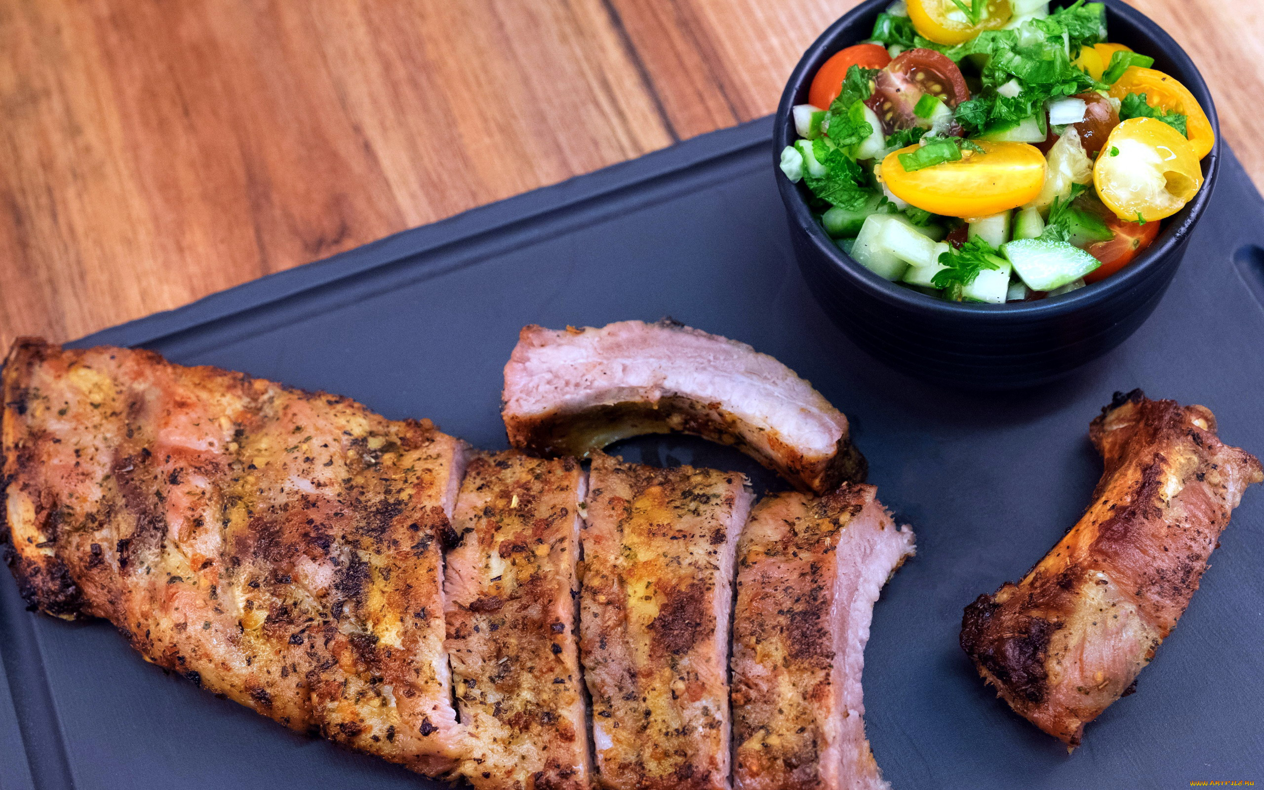 еда, мясные, блюда, салат, овощной, аппетитные, ребрышки