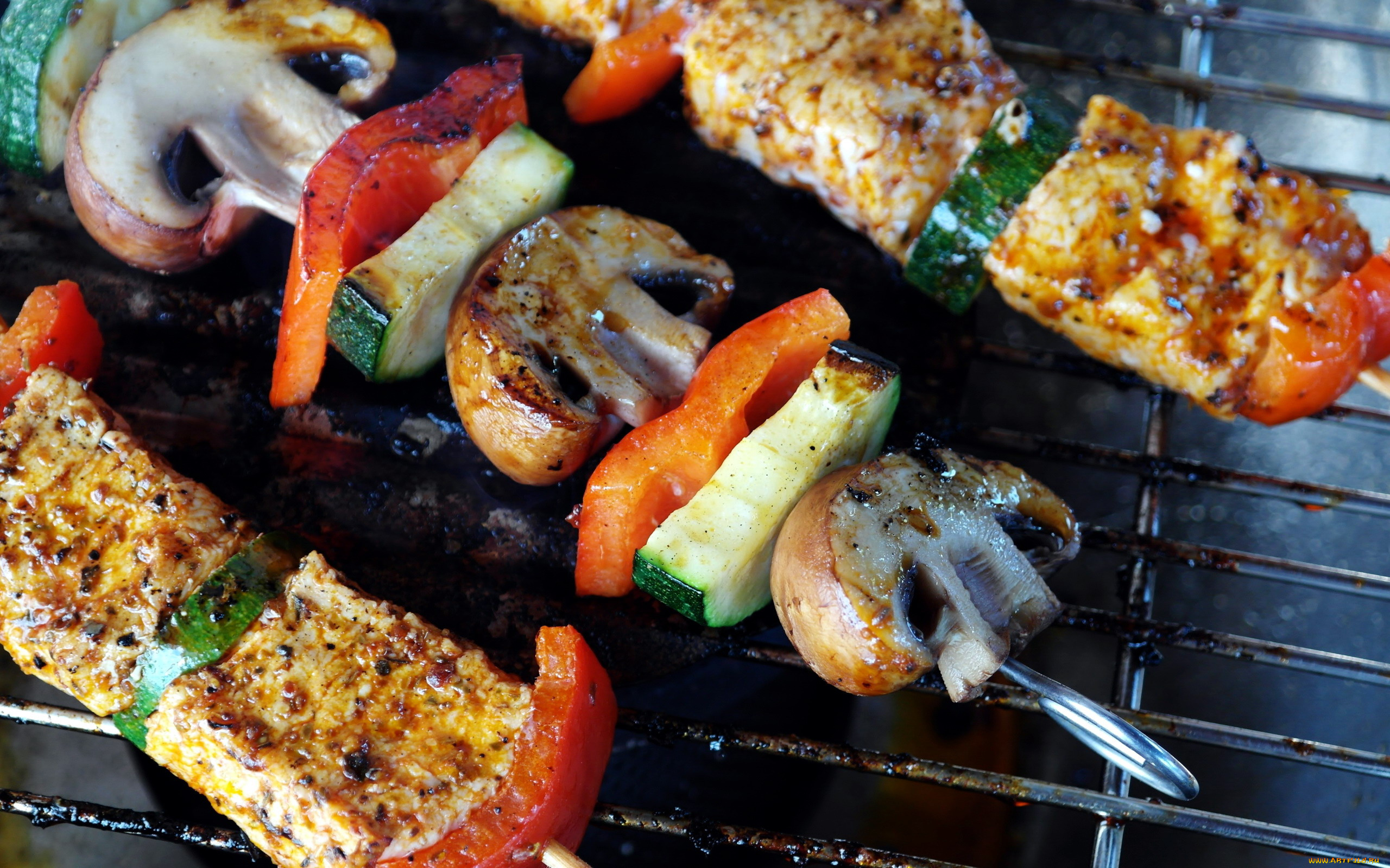 еда, шашлык, , барбекю, цуккини, перец, шампиньоны