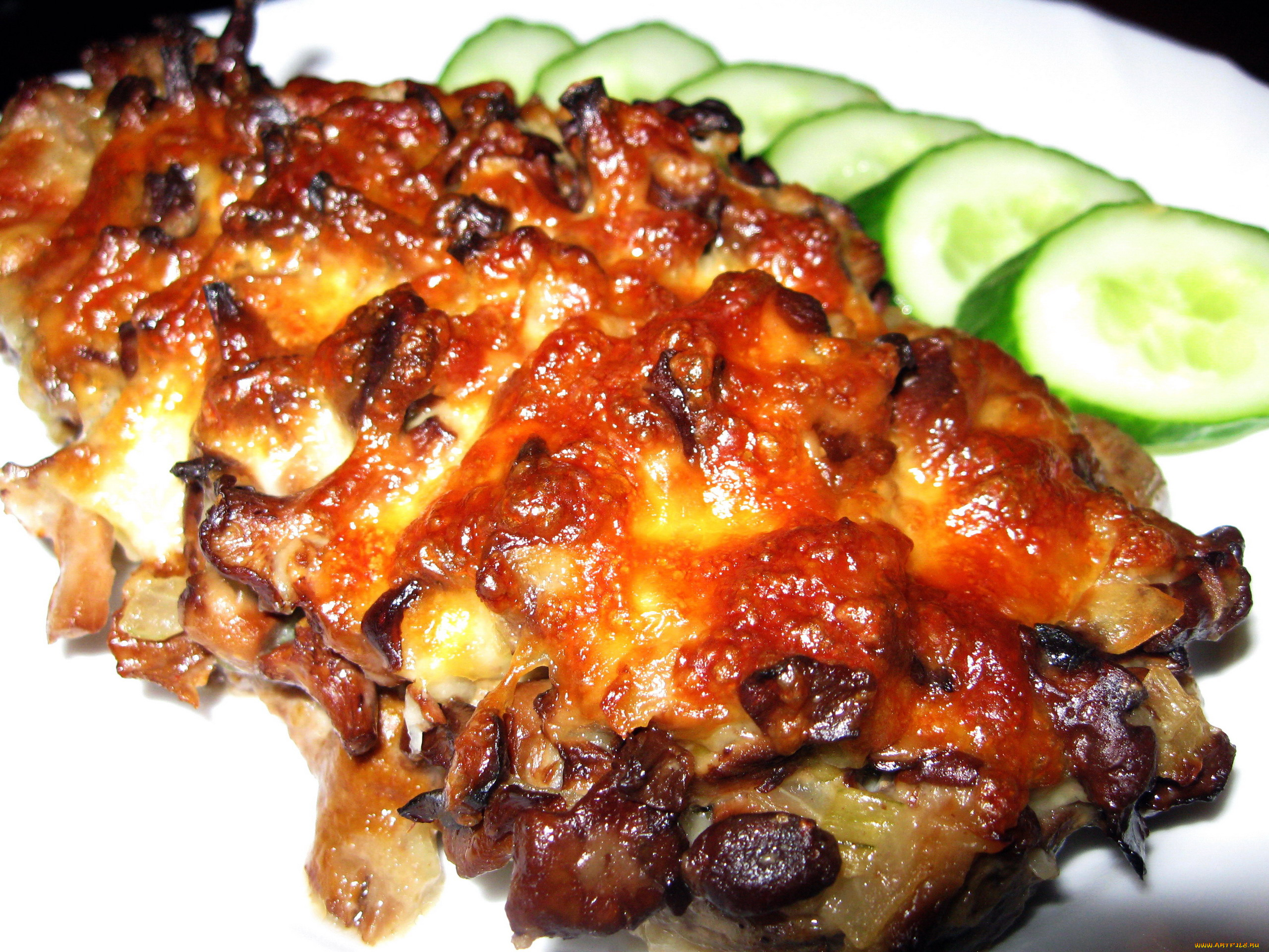 еда, мясные, блюда, запеченное, ломтики, огурец, мясо