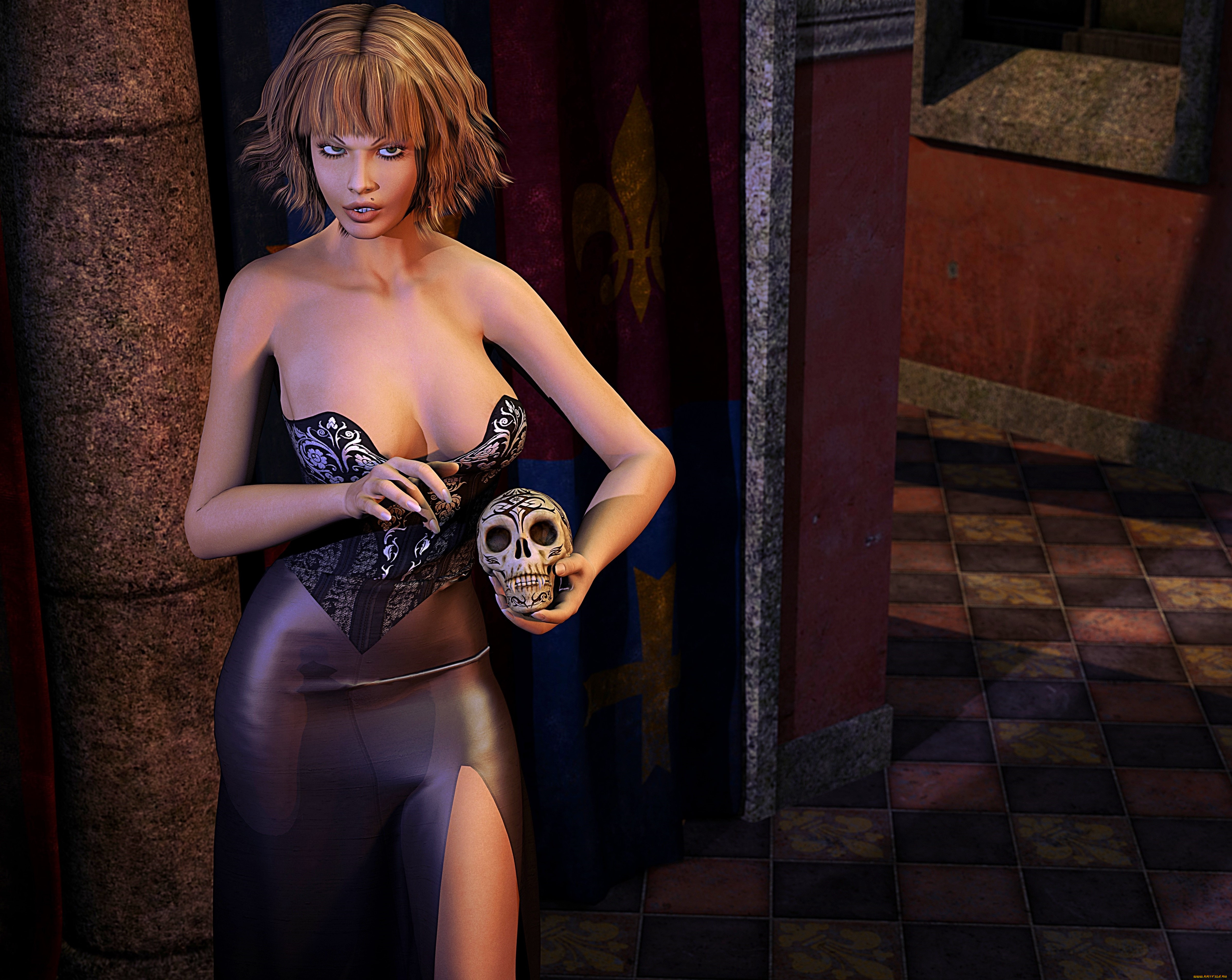 3д, графика, ужас, , horror, девушка, взгляд, фон