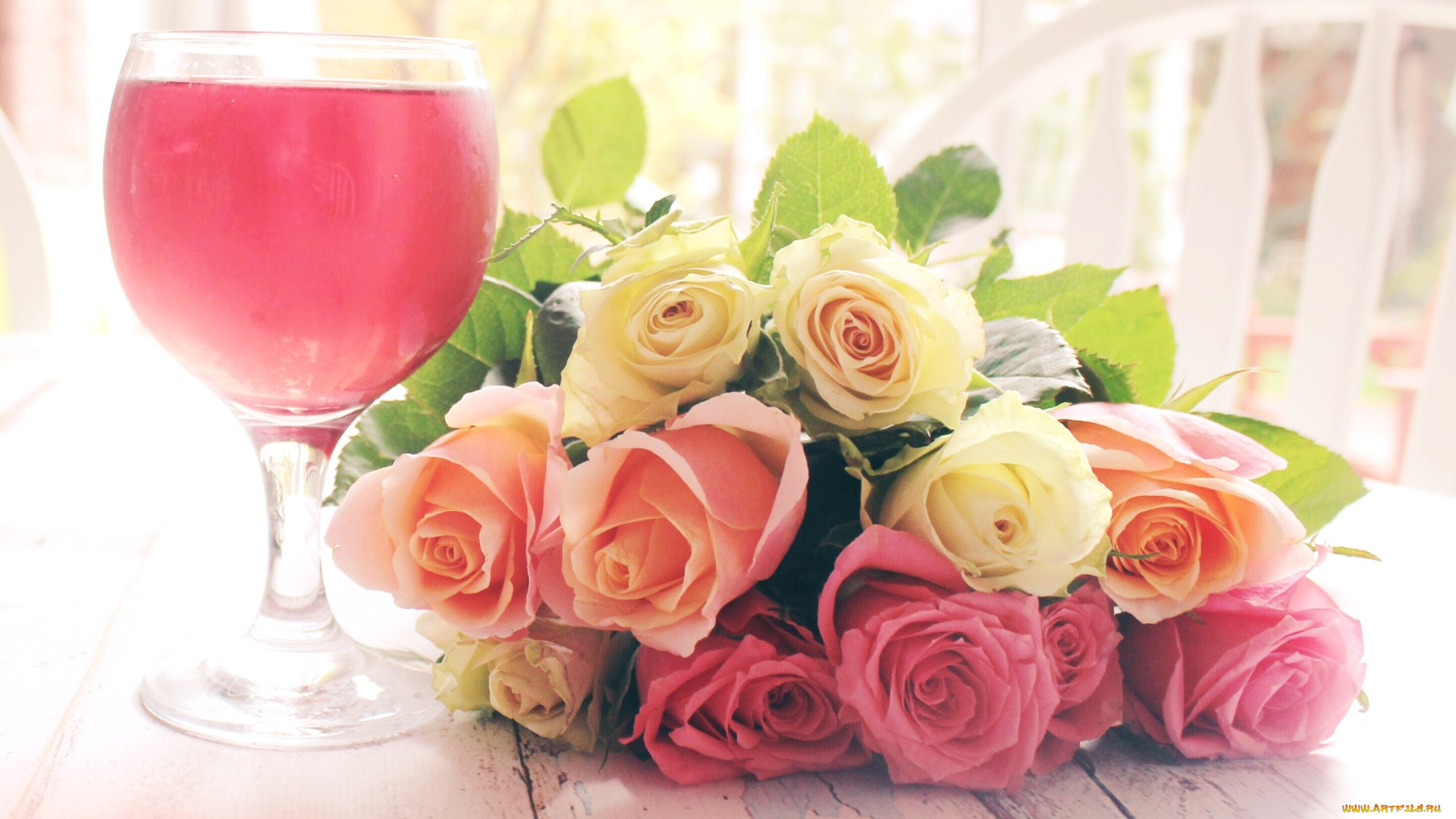 цветы, розы, букет, бокал