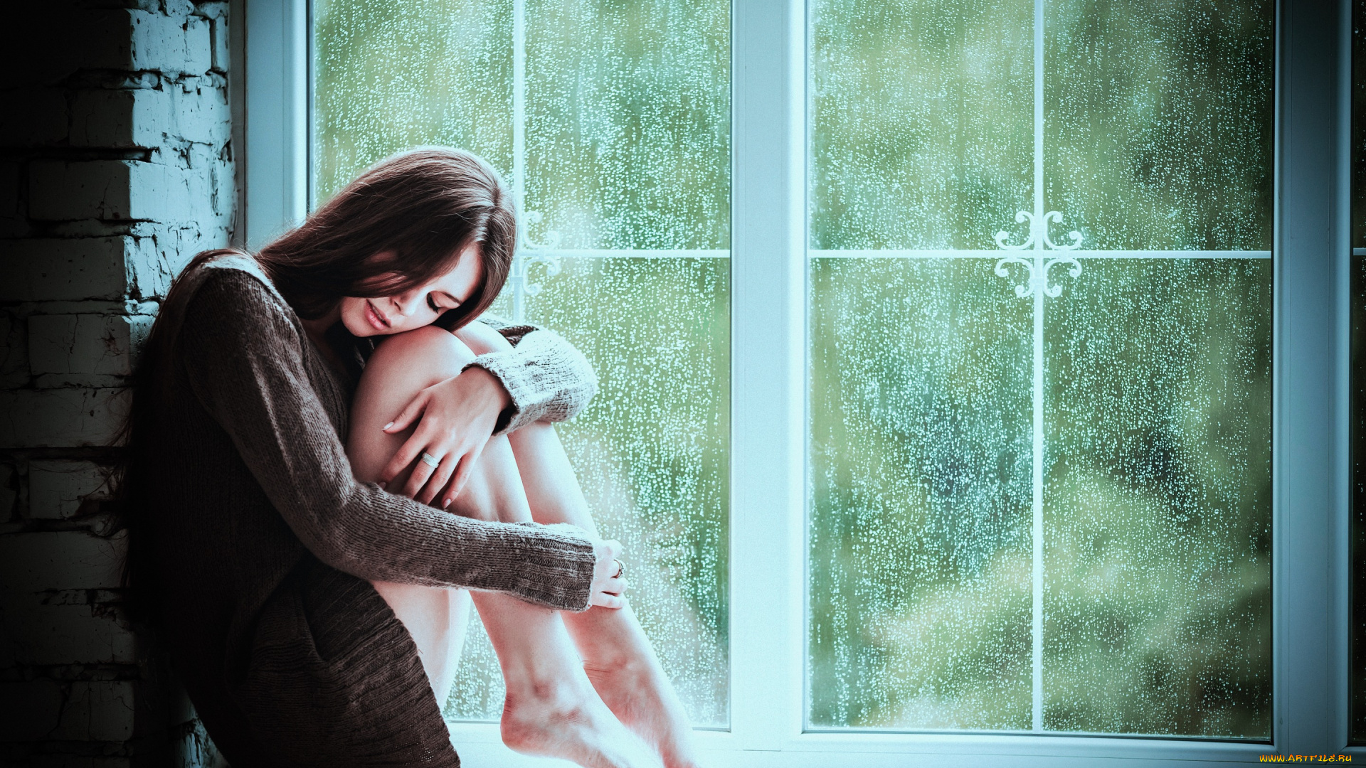 девушки, -unsort, , брюнетки, , шатенки, дождь, ноги, на, подоконнике, настроение, окно, девушка, поза