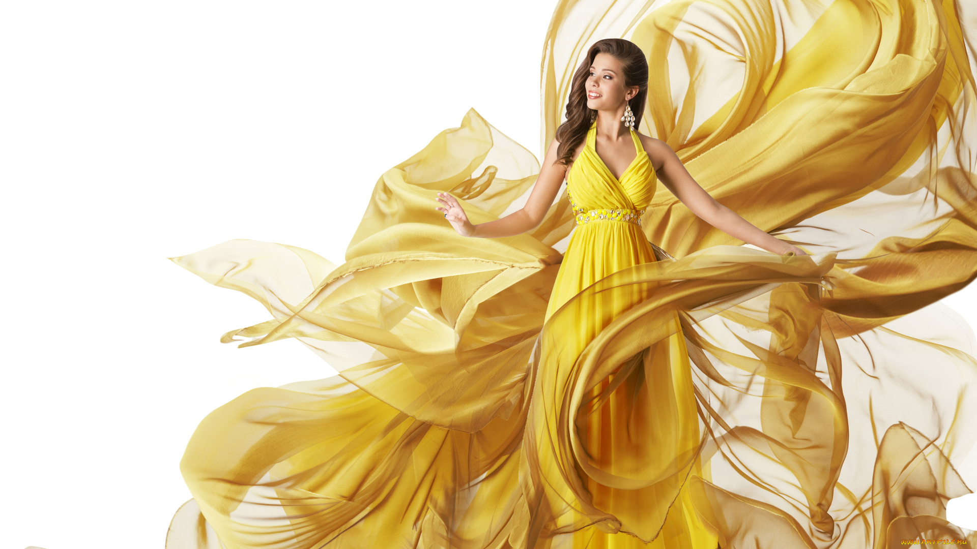 девушки, -unsort, , креатив, брюнетка, белый, фон, платье, девушка, ткань, улыбка, желтое, прическа