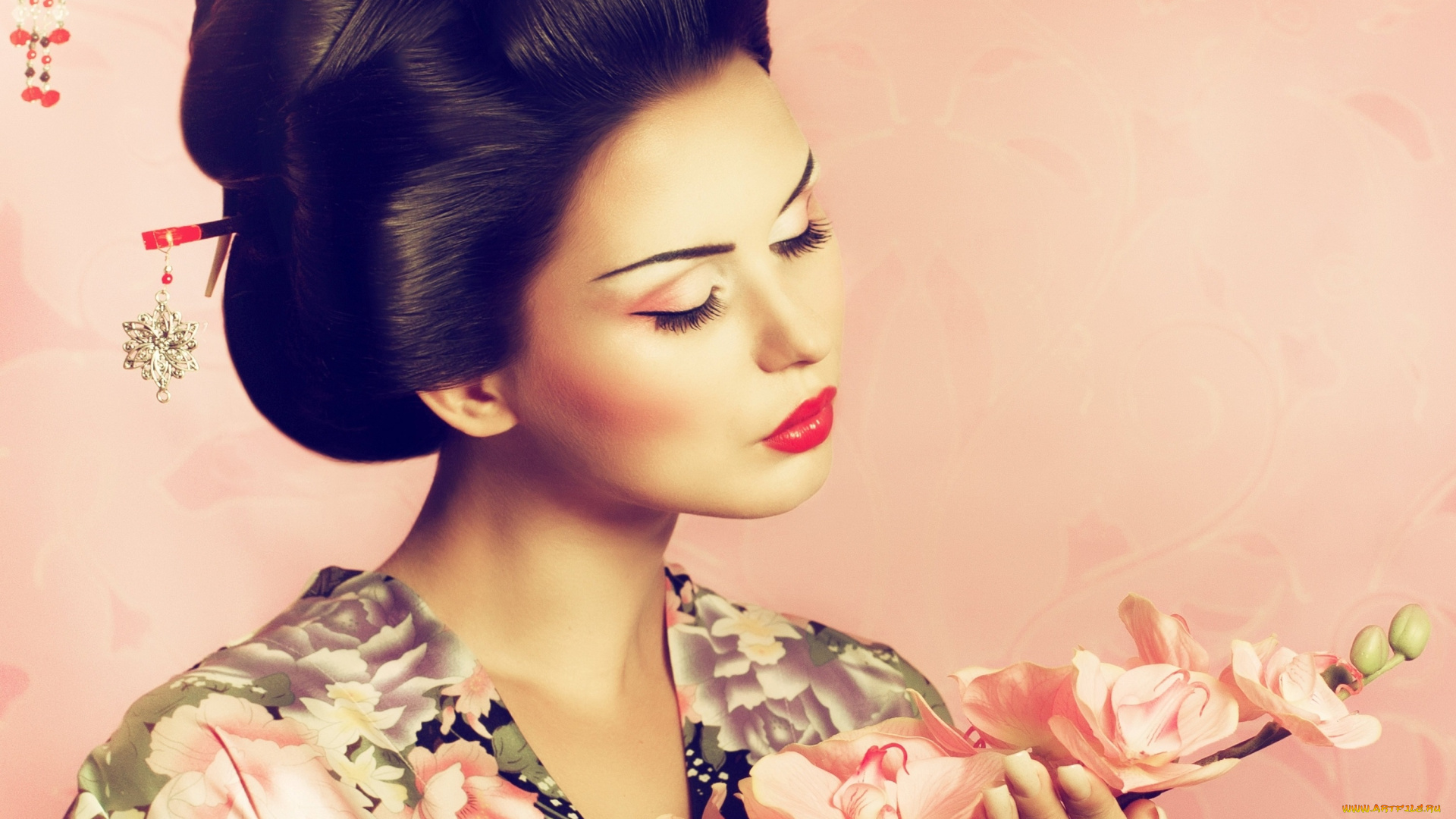 девушки, -unsort, , лица, , портреты, прическа, кимоно, сакура, фон, япония, макияж