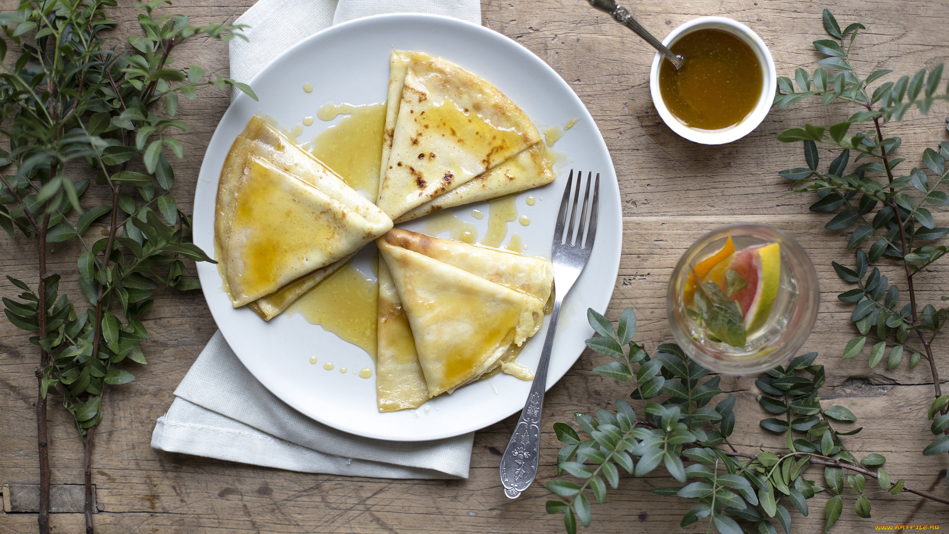 еда, блины, , оладьи, завтрак, мед, чай