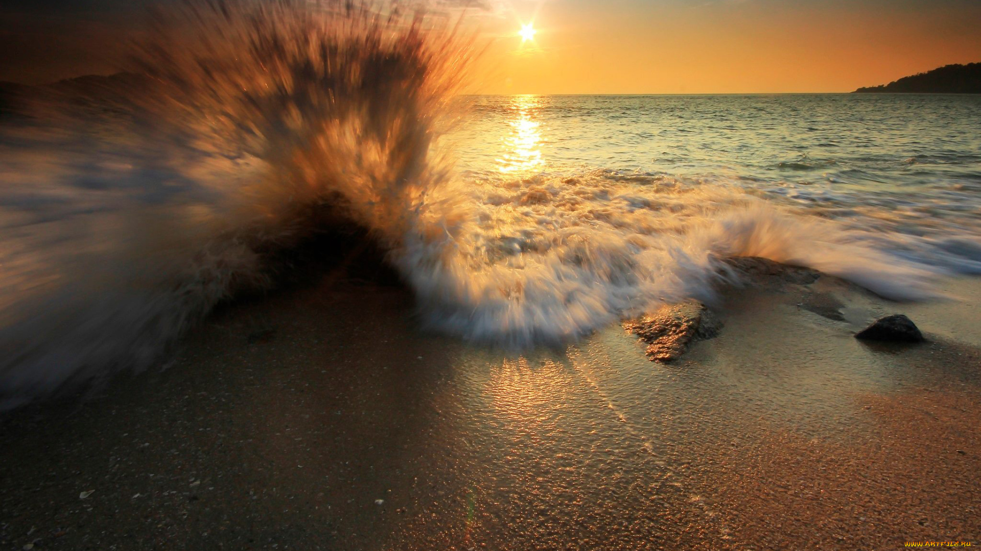 природа, восходы, закаты, пена, песок, брызги, волна, пляж, солнце