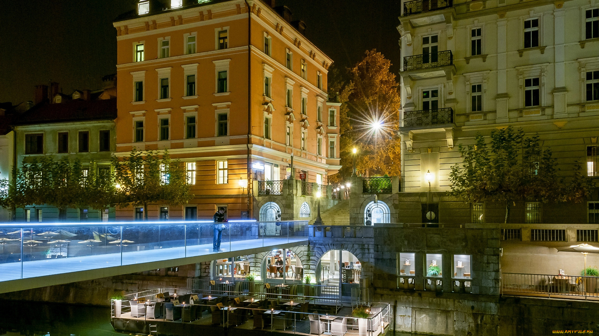 словения, города, -, огни, ночного, города, бар, мужчина, мост, ночь, здания