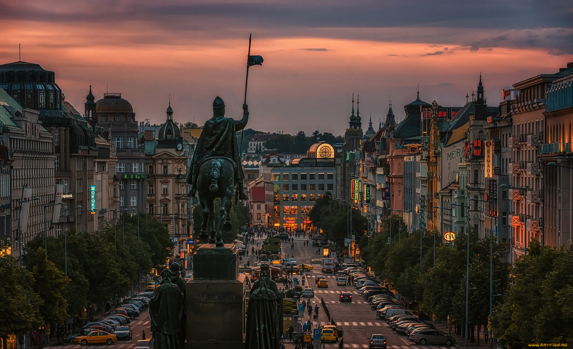 прага, города, -, исторические, , архитектурные, памятники, здания, закат, скульптура, площадь