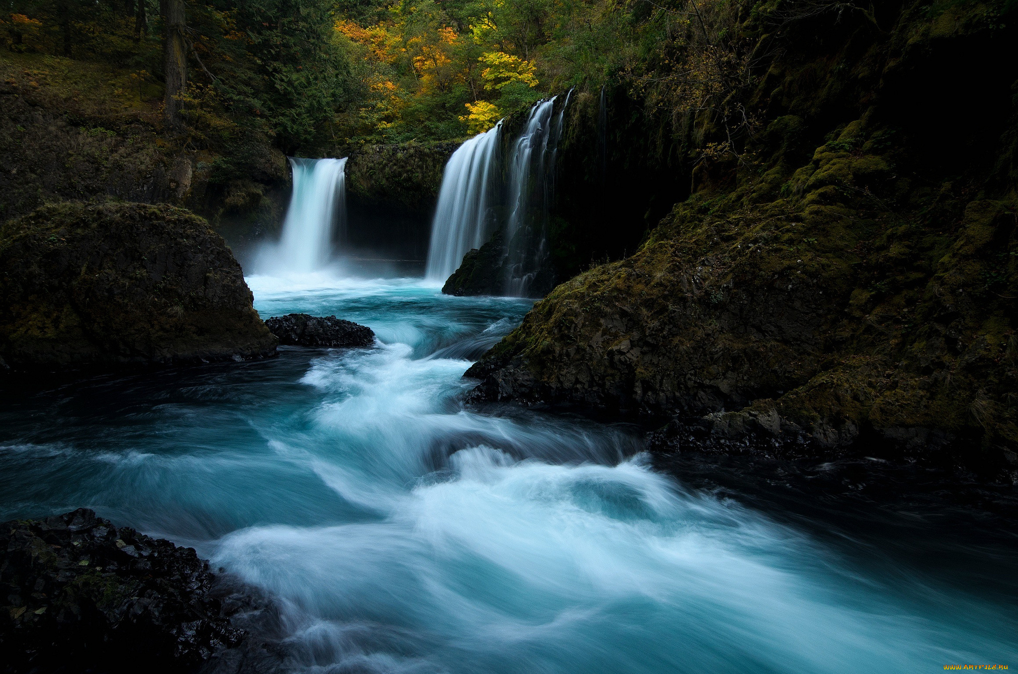 природа, водопады, поток, деревья, лес, вода, водопад