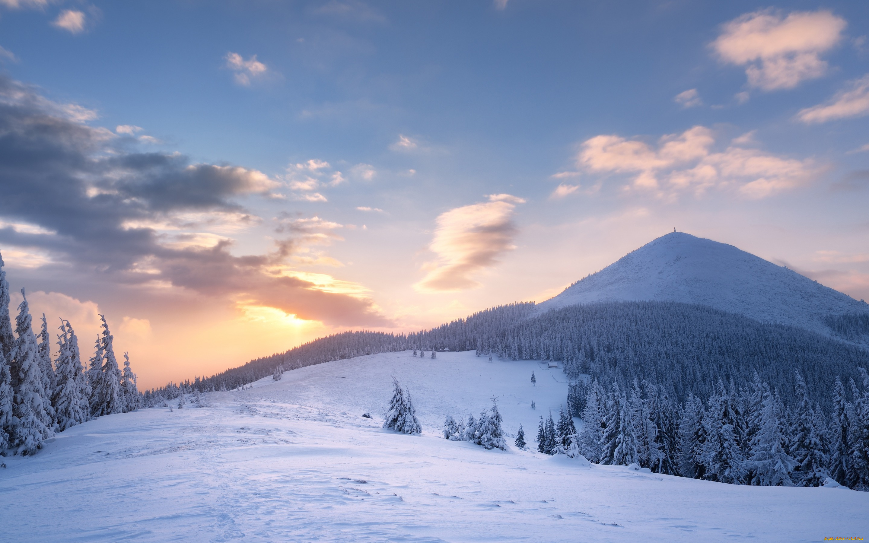 природа, зима, лучи, мороз, лес, ели, холмы, небо, ёлки, снег, склоны, сугробы, пейзаж, горы, облака, следы, вершины