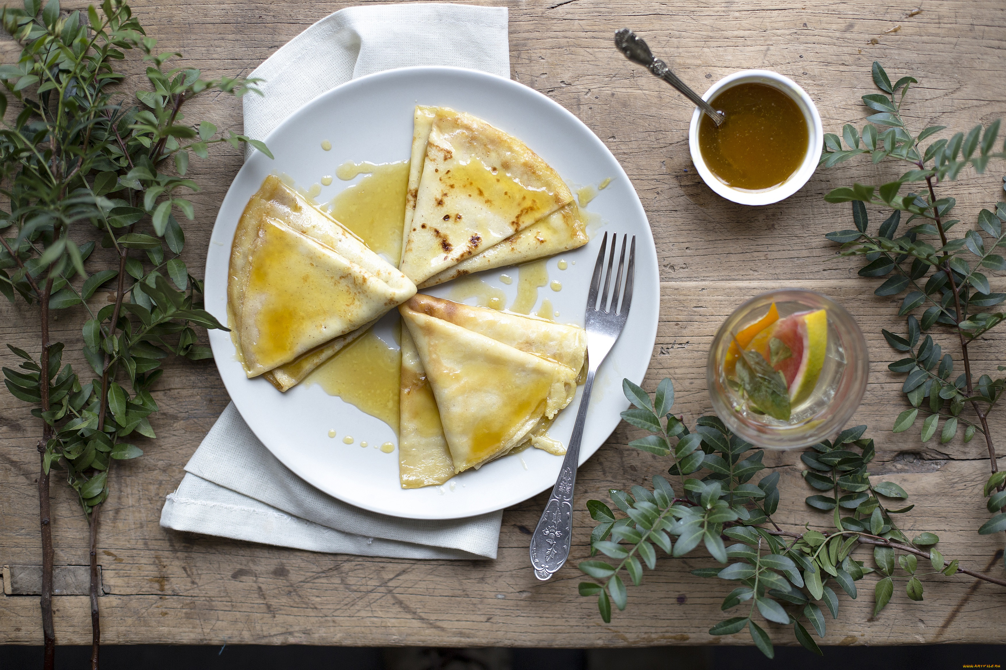 еда, блины, , оладьи, завтрак, мед, чай