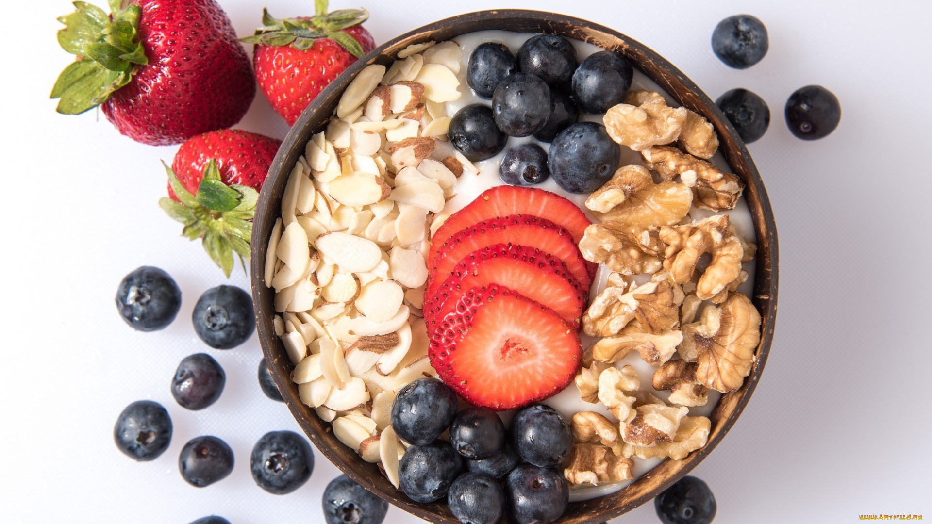 еда, фрукты, , ягоды, ягоды, йогурт, орехи, овсянка, завтрак