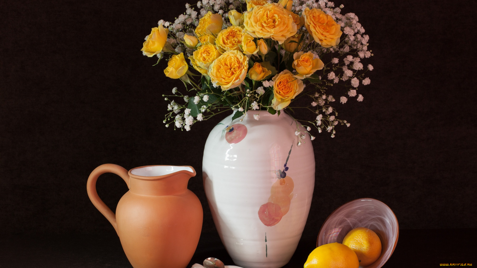 еда, натюрморт, гипсофила, ваза, лимон, розы