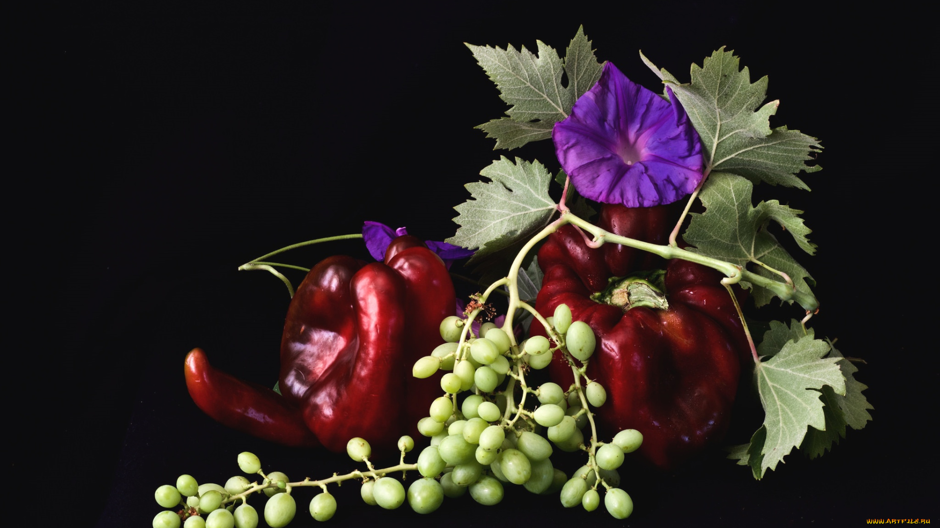 еда, натюрморт, перец, виноград, вьюнок